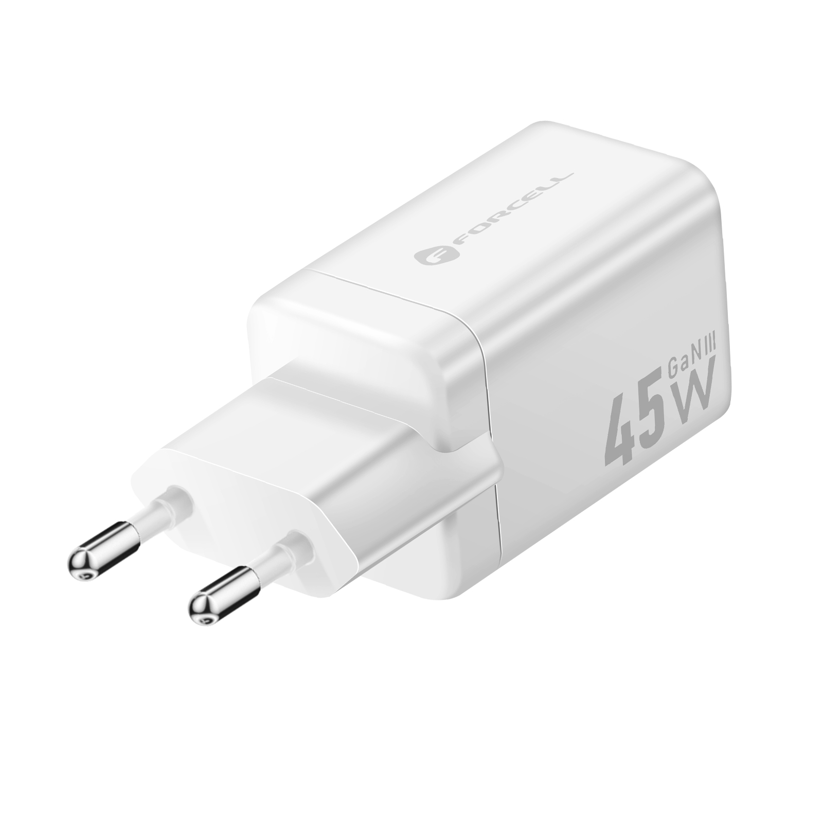 Un chargeur blanc Forcell 45W GaN III. Il possède deux broches et le nom de la marque en haut.