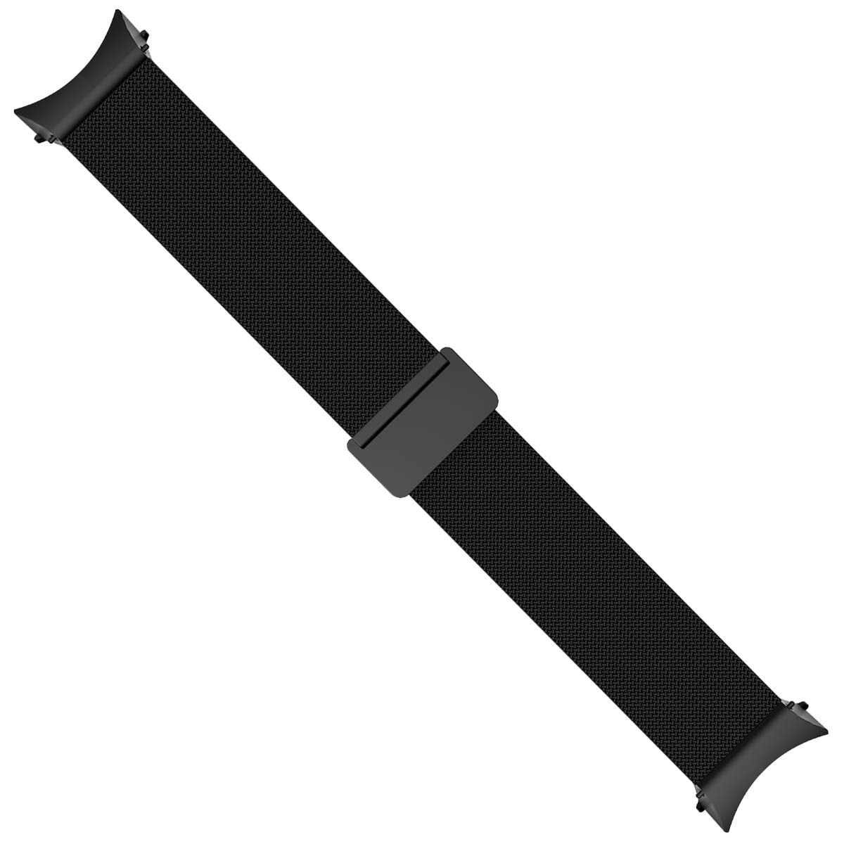 Ein schwarzes Uhrenarmband liegt diagonal. Es hat ein Mesh-Design und einen rechteckigen Verschluss. Die Enden haben gebogene Verbinder.