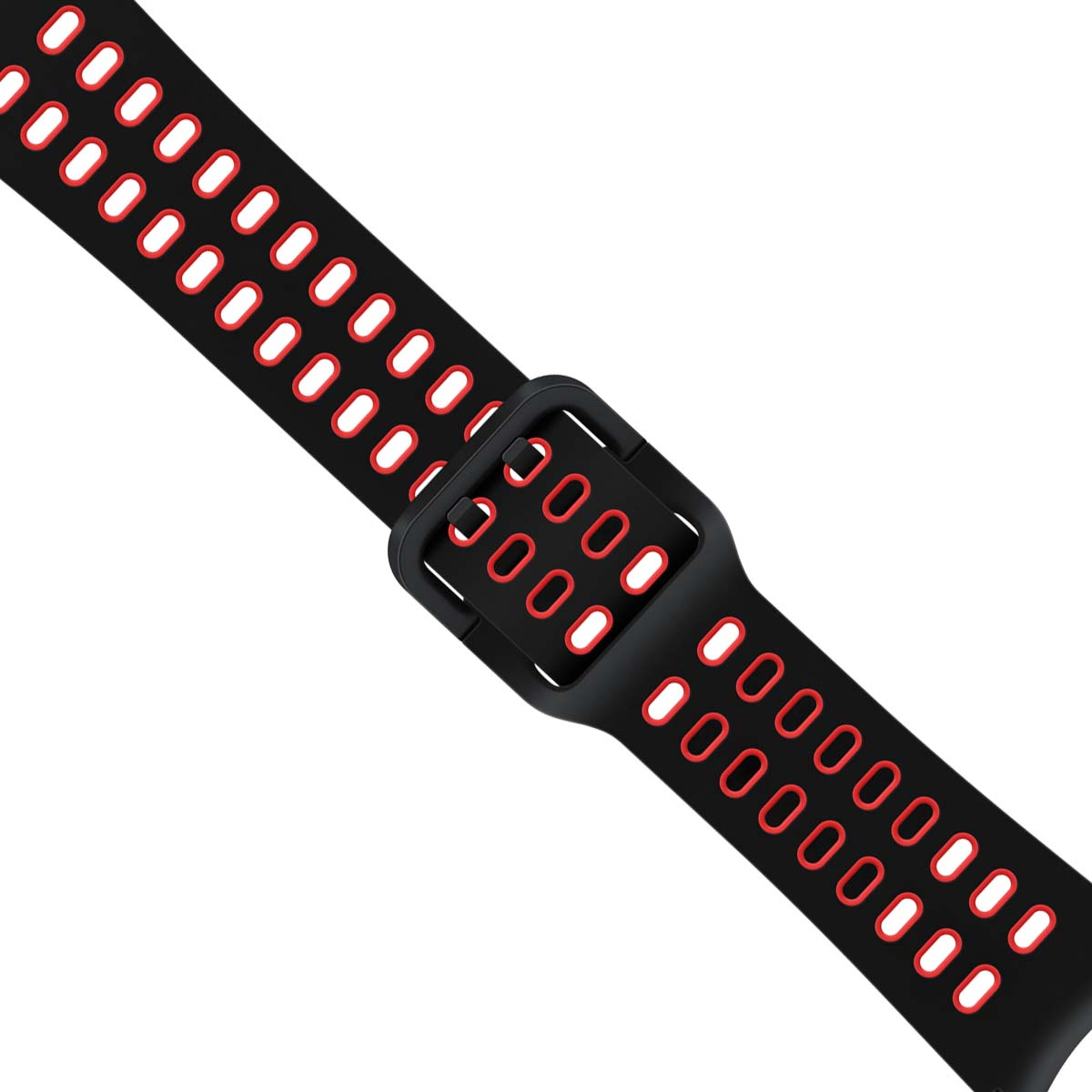 Cinturino nero per orologio con dettagli rossi. Ha una fibbia nera rettangolare e un design perforato con strato interno rosso.