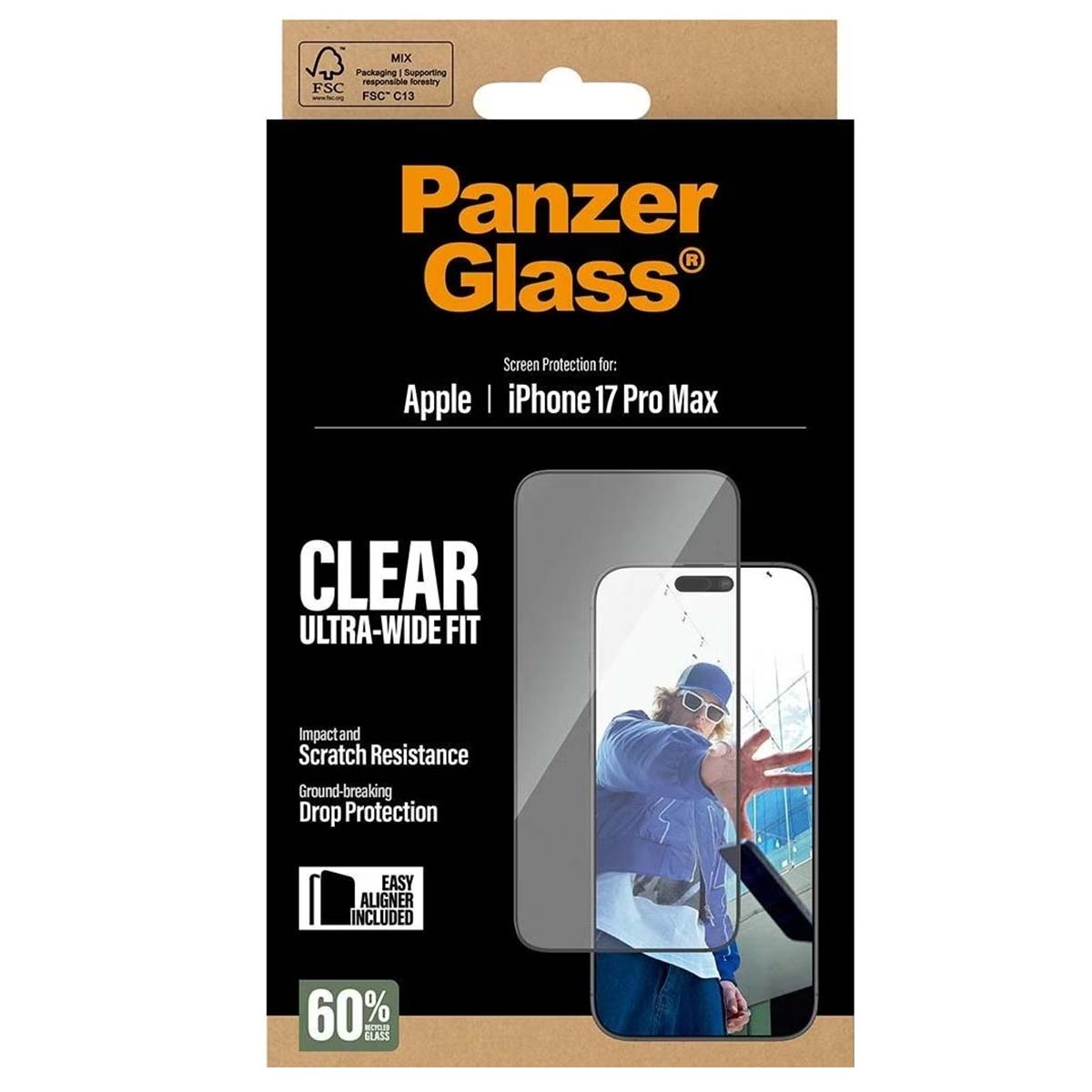 Emballage pour protecteur d'écran Panzer Glass. Comprend texte et image d'un homme en lunettes de soleil et chapeau, avec écran de téléphone.