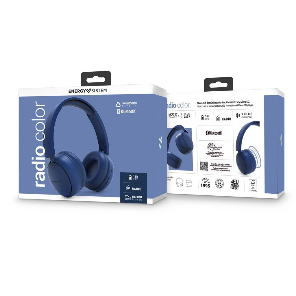 Verpackte blaue Kopfhörer mit der Aufschrift 'radio color' mit Bluetooth, 16h Akku, FM-Radio und Micro-SD-Player.
