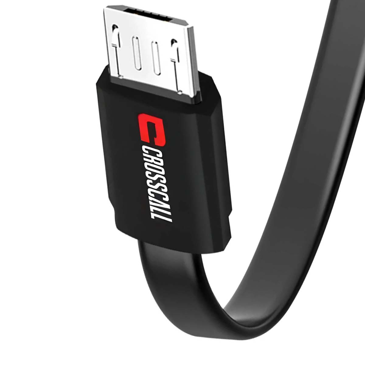 Un cavo USB Crosscall nero con un connettore argentato. Il logo Crosscall è sulla parte nera del cavo.