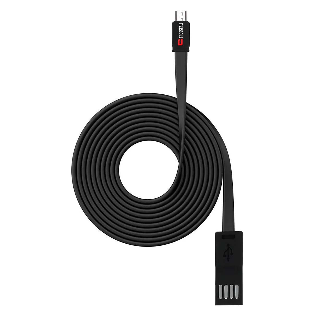 Cavo di ricarica USB nero arrotolato. Il cavo ha un connettore USB-A, un connettore USB-C e un logo 'CROSSCALL'.