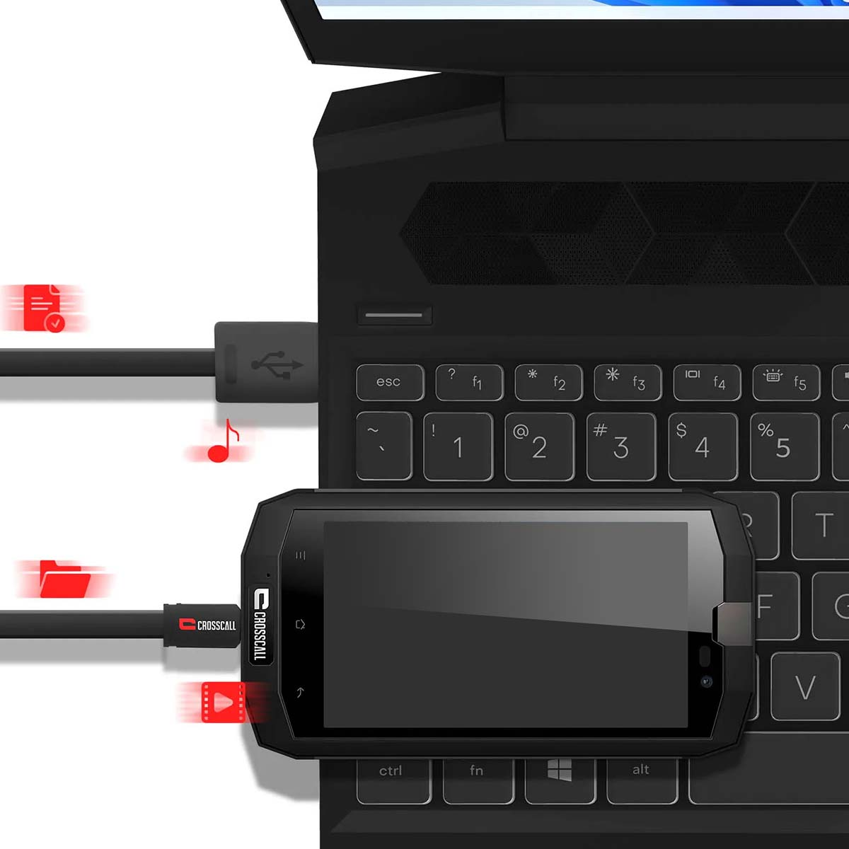 Uno smartphone nero è collegato a un laptop tramite cavo USB. Il telefono poggia sulla tastiera. Le icone appaiono nelle vicinanze.