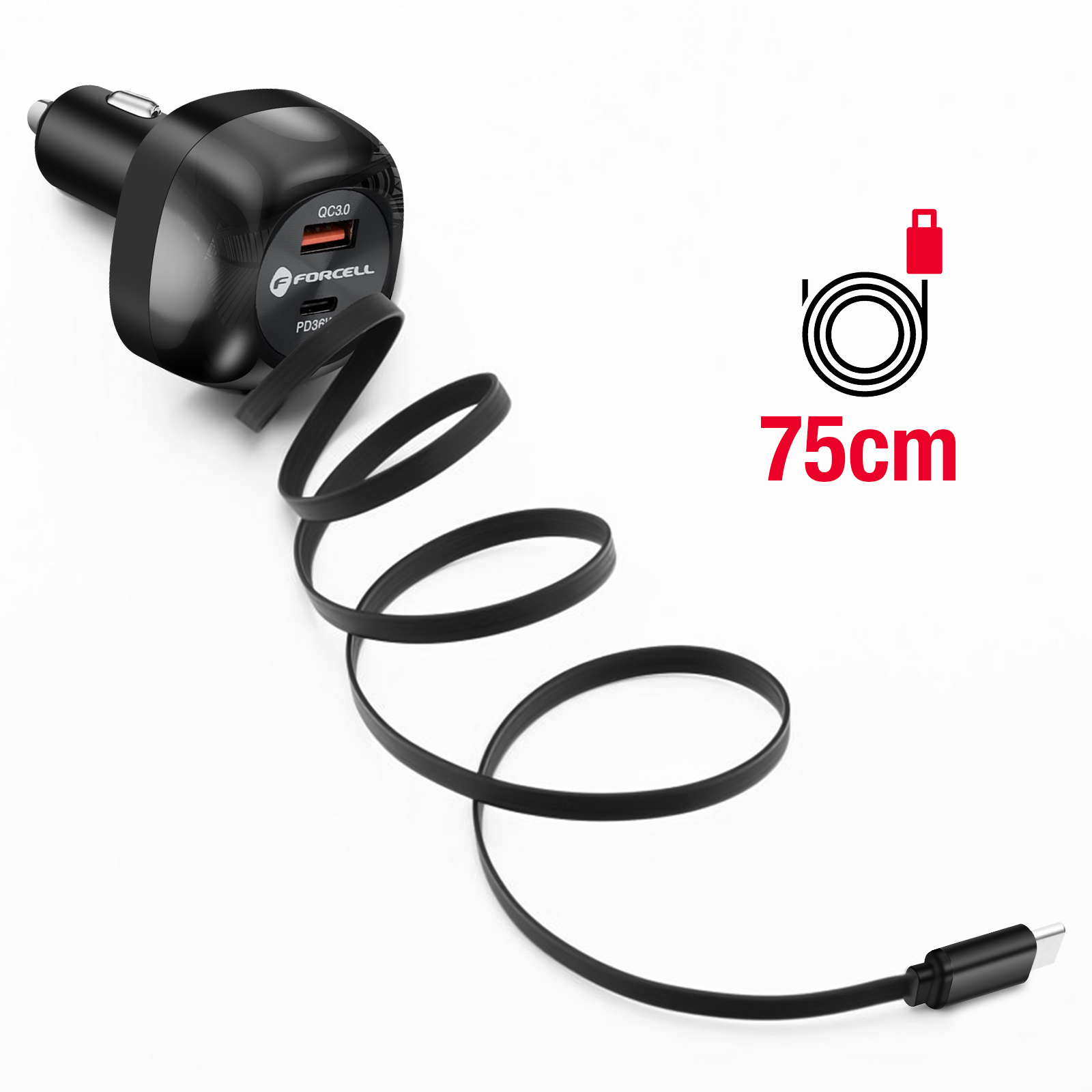 Chargeur de voiture noir avec câble enroulé. Le chargeur a deux ports et indique QC3.0. Le câble mesure 75 cm.