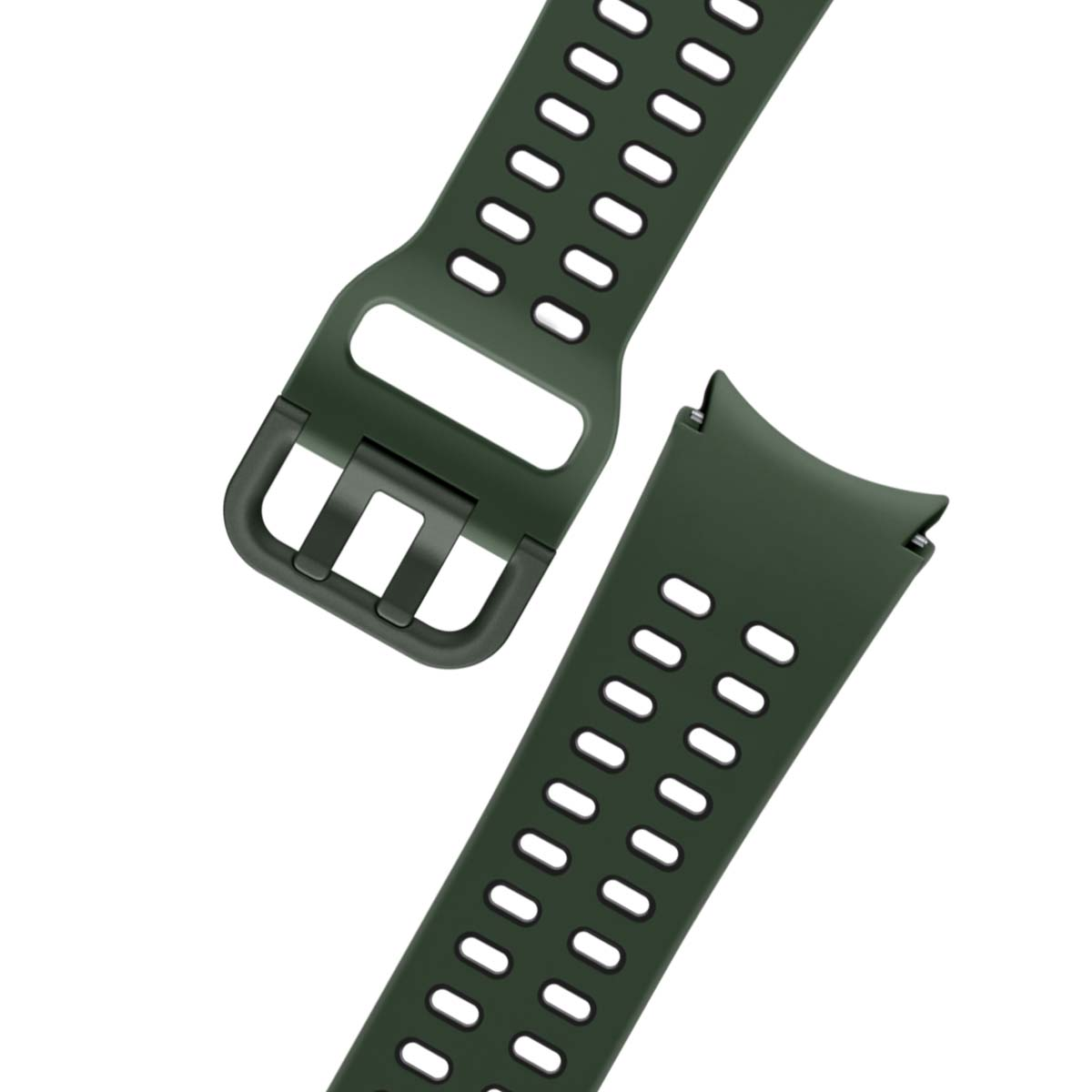 Dwuczęściowy, ciemnozielony pasek do zegarka na białym tle. Jedna część ma zapięcie, druga otwory.