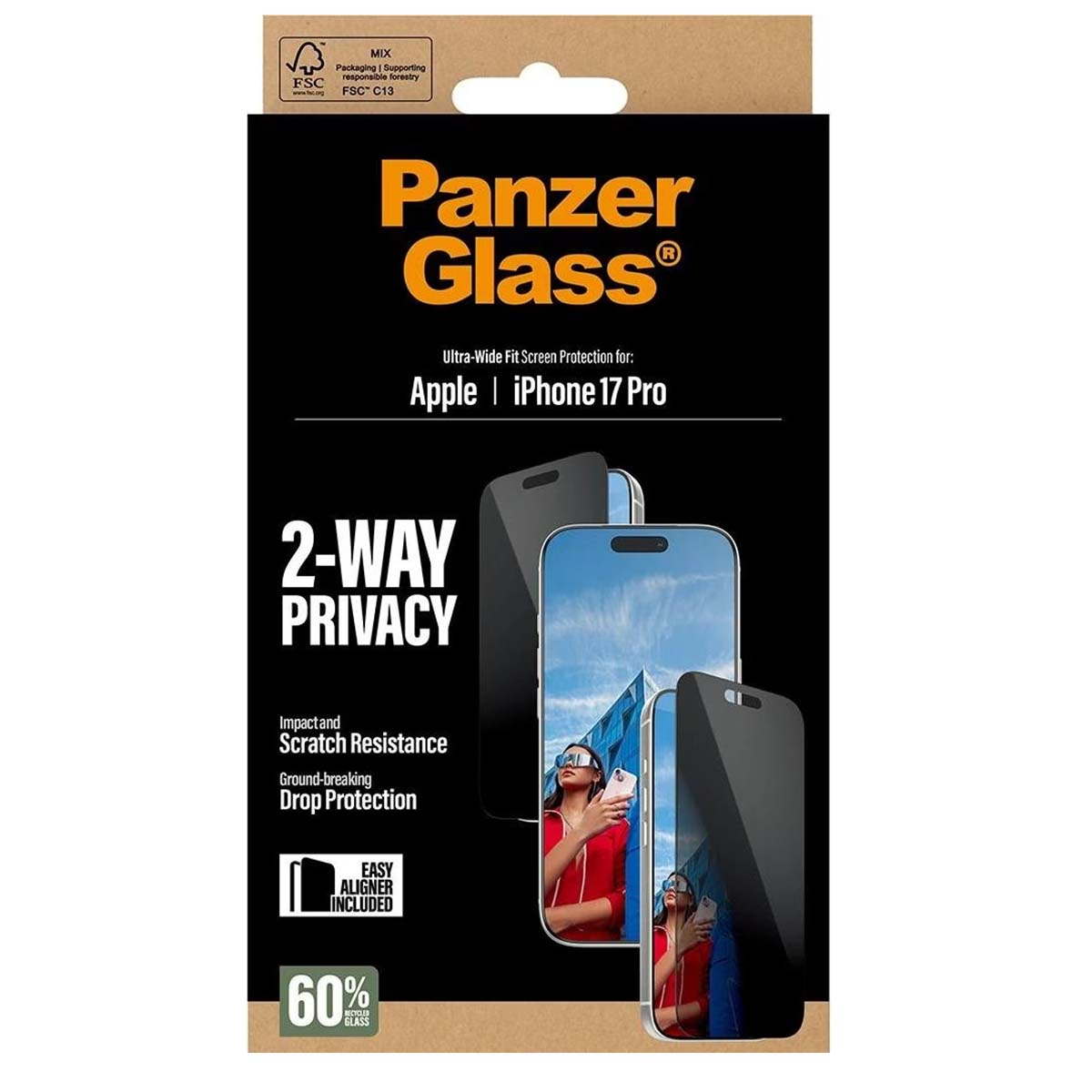 Panzer Glass ekran koruyucu ürün ambalajı. Telefon görüntüleri, 2 yönlü gizliliği ve %60 geri dönüştürülmüş camı gösteren metin görüntüler.