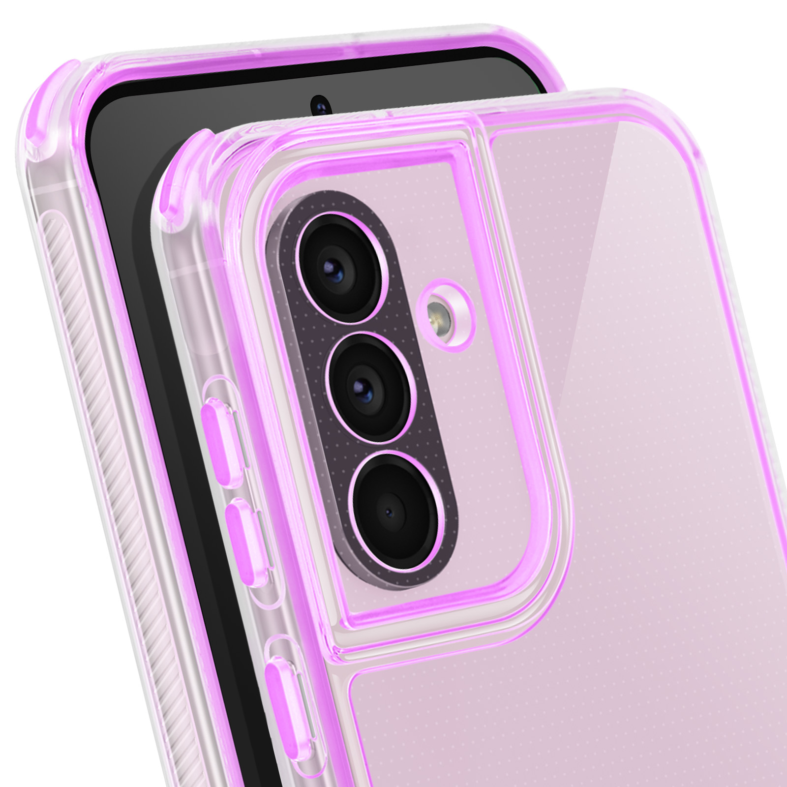Ein Smartphone in einer transparenten Hülle mit pinkem Rand. Die Hülle hat drei Kameralinsen. Das Telefon ist schwarz.