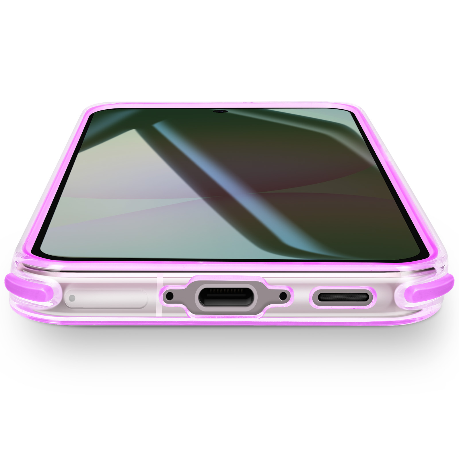 Ein Smartphone in einer durchsichtigen Hülle mit pinkfarbener Umrandung. Der Bildschirm reflektiert Licht. Unten sind Anschlüsse und Tasten.