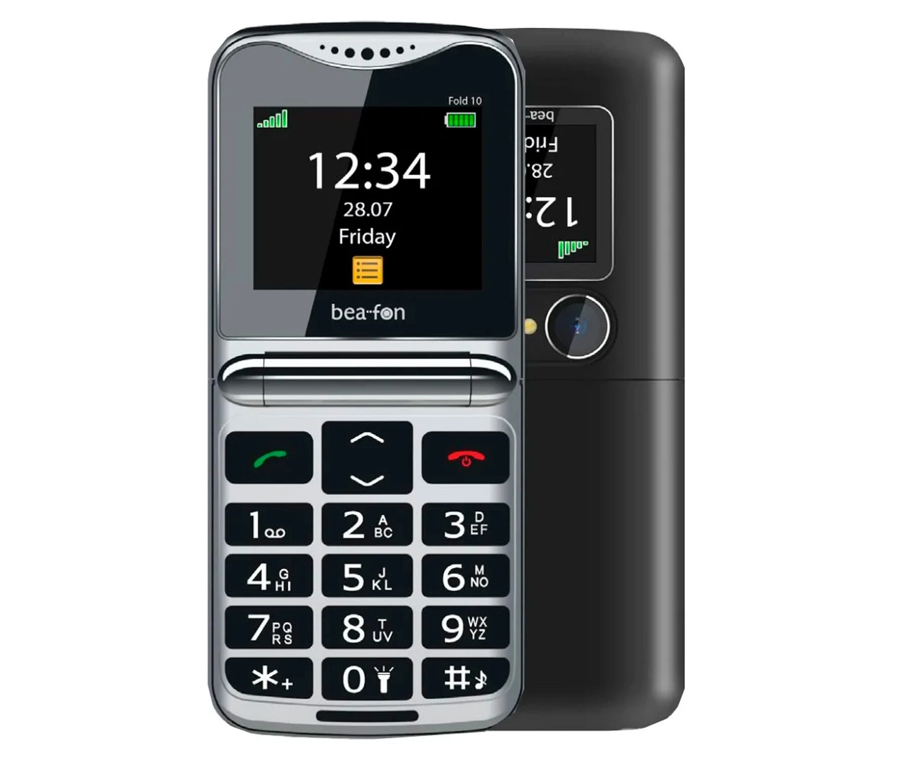 Srebrno-czarny telefon z klapką wyświetla godzinę 12:34, datę 28.07 i piątek. Drugi telefon jest częściowo widoczny.