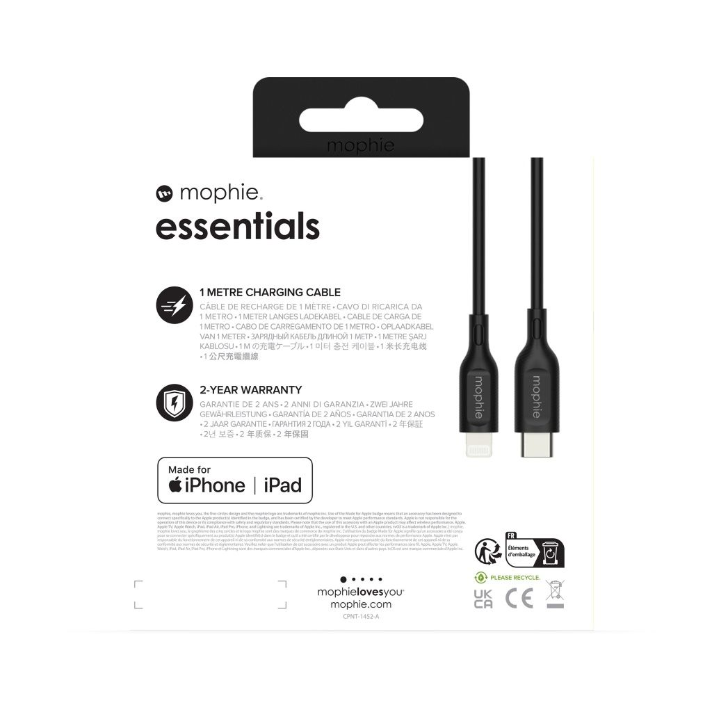 Mophie essentials oplaadkabel, zwarte kabel, witte verpakking, 1 meter oplaadkabel, 2 jaar garantie, voor iPhone en iPad.