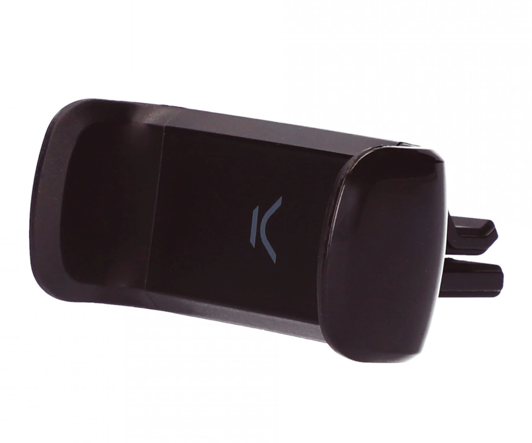 Un soporte negro de plástico para teléfono de ventilación de coche. Tiene un diseño curvo con un logotipo y púas.