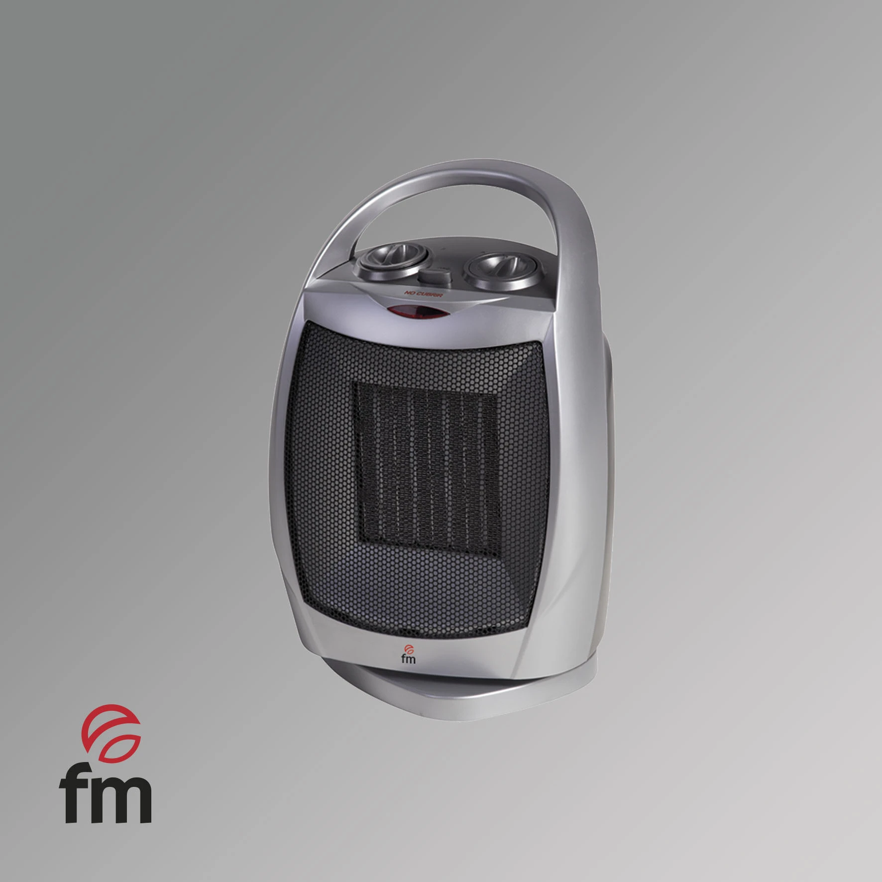 Un calefactor eléctrico plateado con asa y dos perillas. Tiene un panel frontal de malla y el logo FM.