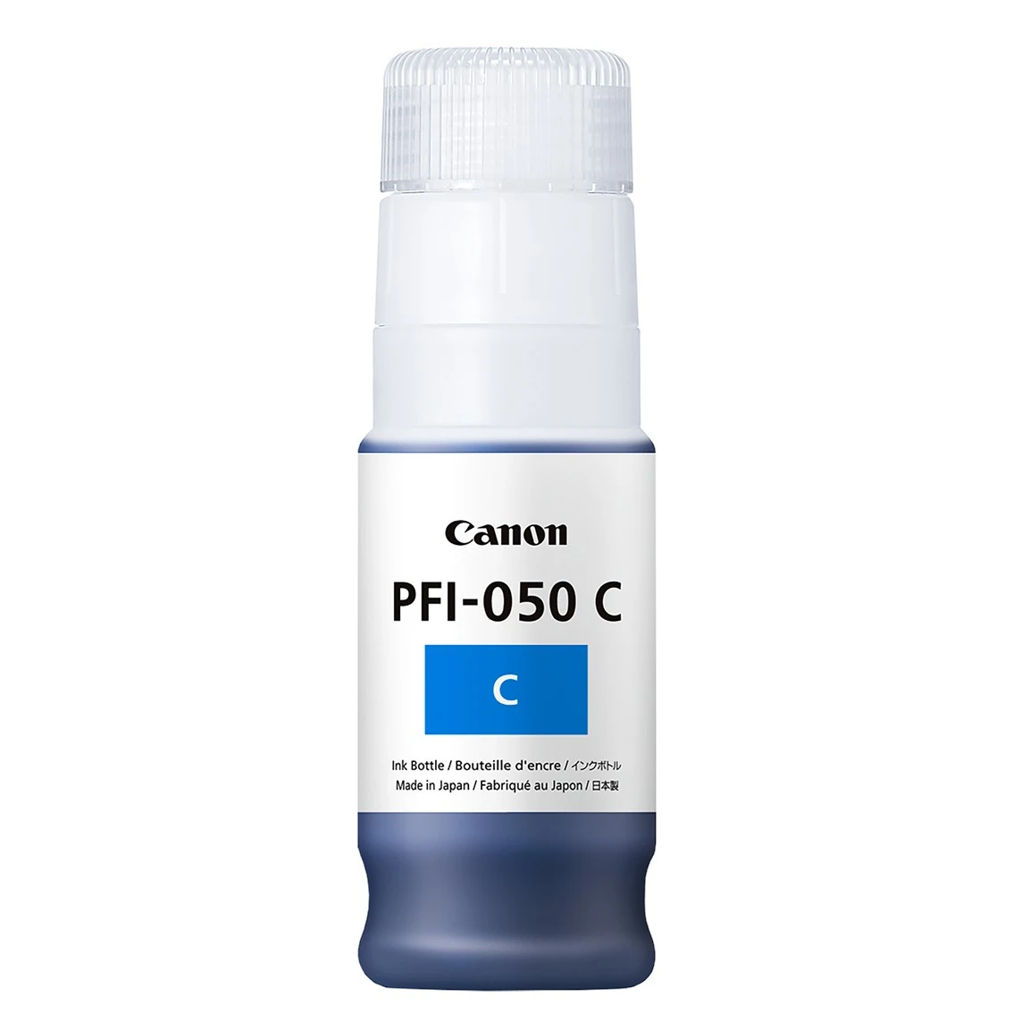 Een Canon inktfles, PFI-050 C, met een blauw 'C' label. Het is een blauwe inktfles met een witte dop, gemaakt in Japan.