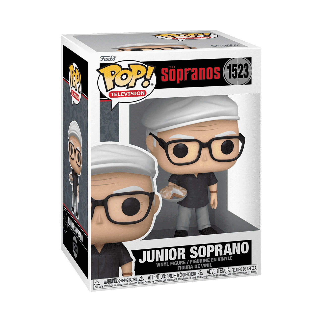 Una figura Funko Pop di Junior Soprano. Indossa occhiali, un cappello bianco e una camicia nera. La figura tiene un piatto con del cibo.