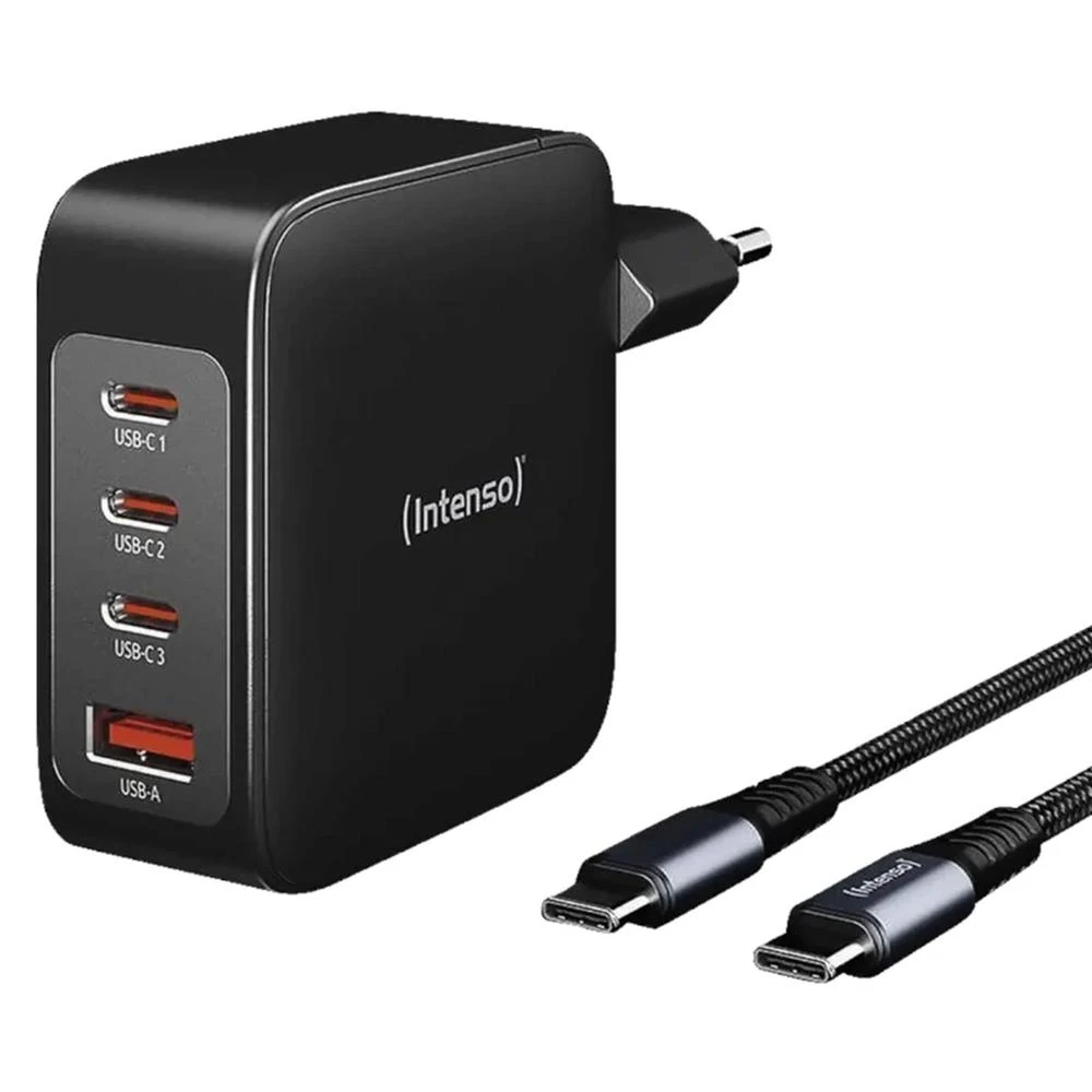 Black Intenso USB charger with multiple ports and two black USB-C cables. Ports are labeled USB-C1, C2, C3, and USB-A.