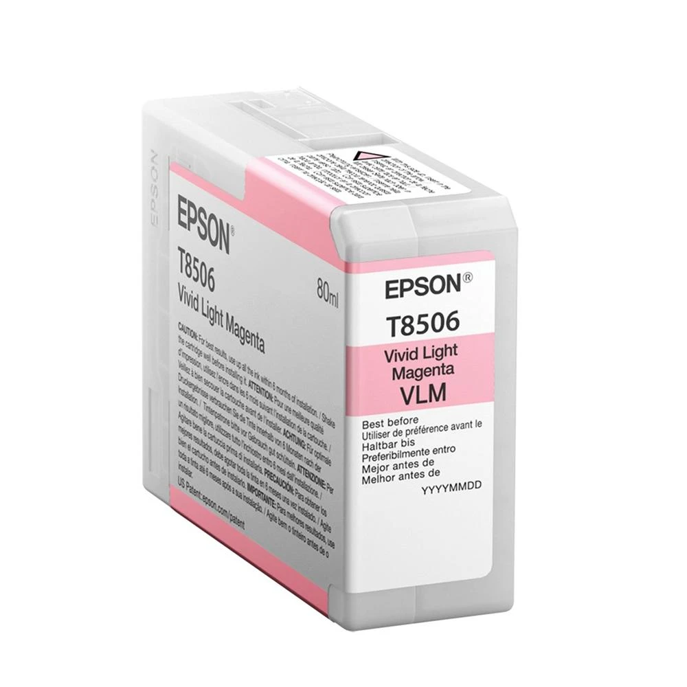 Cartuccia inchiostro Epson T8506 Vivid Light Magenta, bianca e rosa. Testo include 'Da consumarsi preferibilmente entro' e '80ml'.