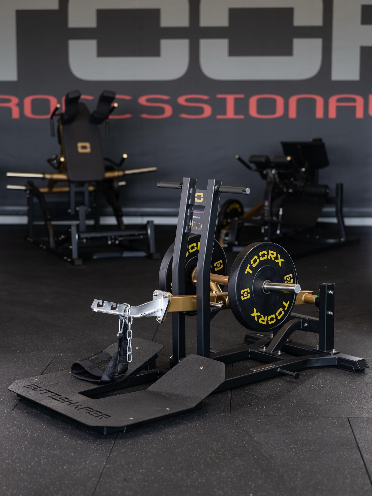 Une salle de sport avec des équipements d'haltérophilie. Une machine à squat avec ceinture est au premier plan. D'autres équipements de gym sont en arrière-plan.