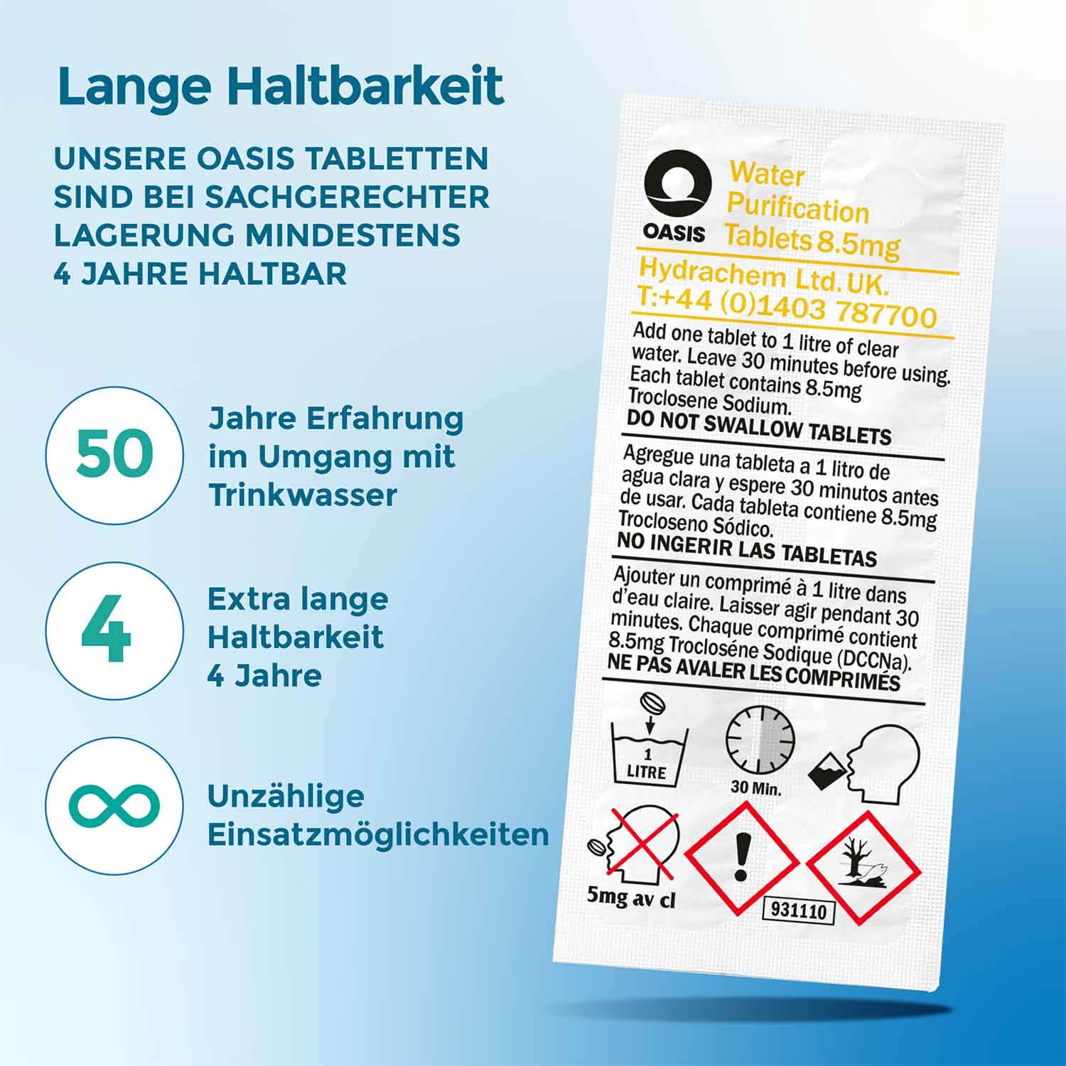 Eine weiße Verpackung mit Text über Wasserreinigungstabletten, mit Symbolen und Warnungen vor dem Verschlucken.