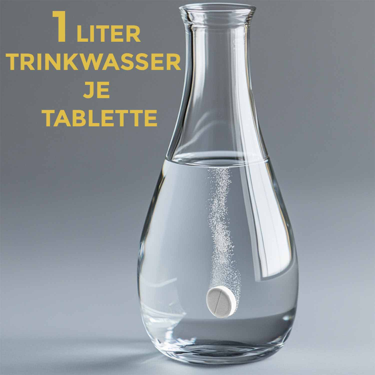 Eine klare Glasflasche mit Wasser gefüllt. Eine Tablette löst sich im Wasser auf und erzeugt Blasen. Text: 1 Liter Trinkwasser pro Tablette.