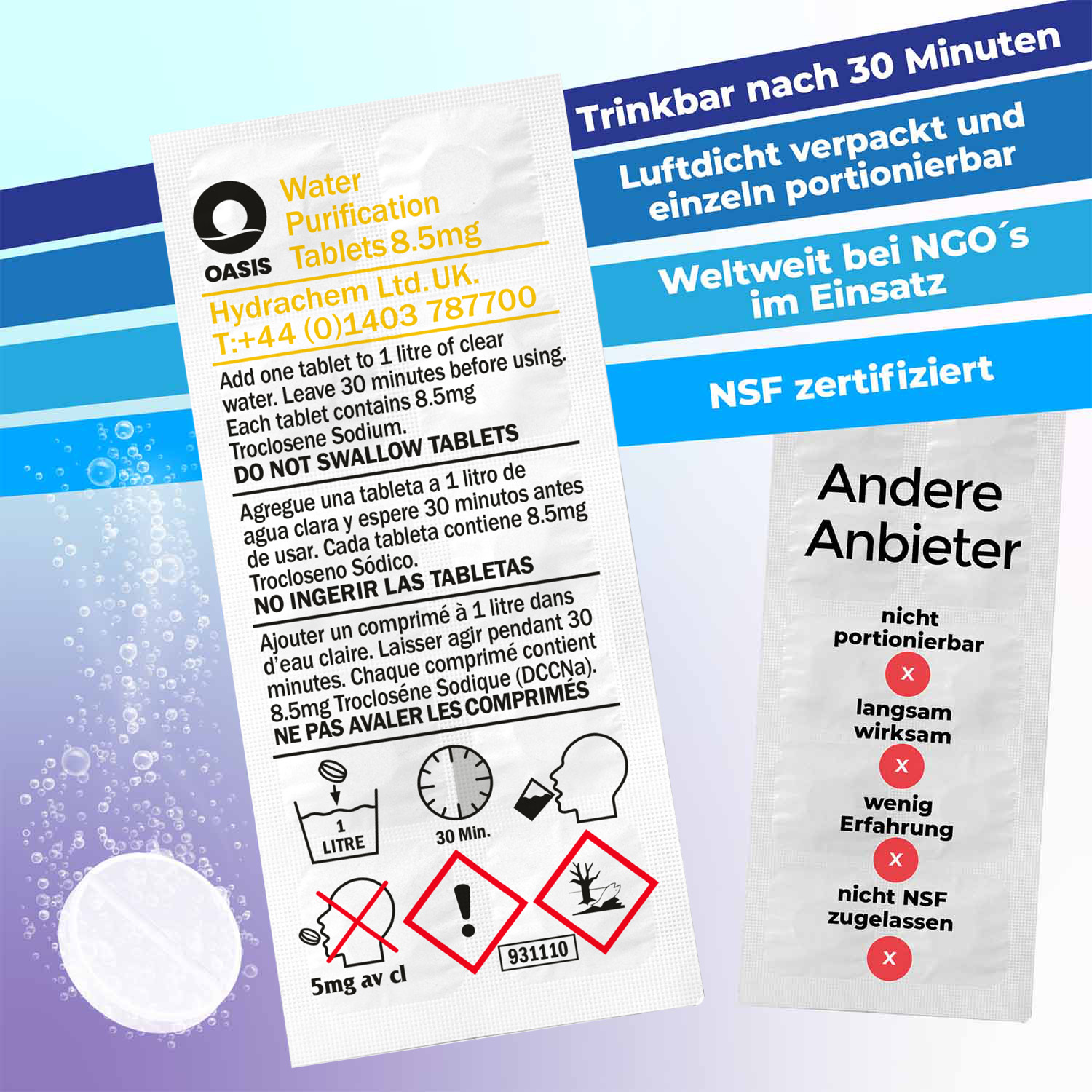 Eine Wasserreinigungstablettenpackung mit Anweisungen und Warnhinweisen. Enthält Text in mehreren Sprachen und visuelle Hinweise.