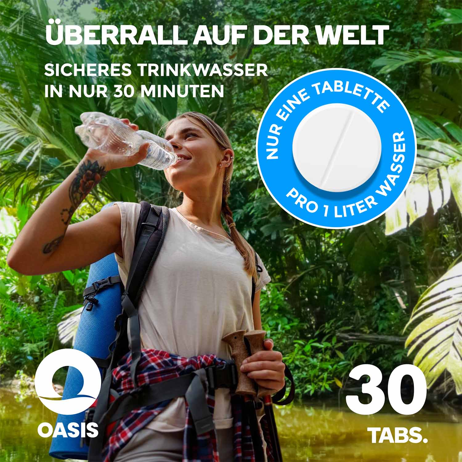 Eine Frau trinkt Wasser und bewirbt Wasserreinigungstabletten. Text enthält: sicheres Trinkwasser in 30 Minuten und eine Tablette pro Liter.
