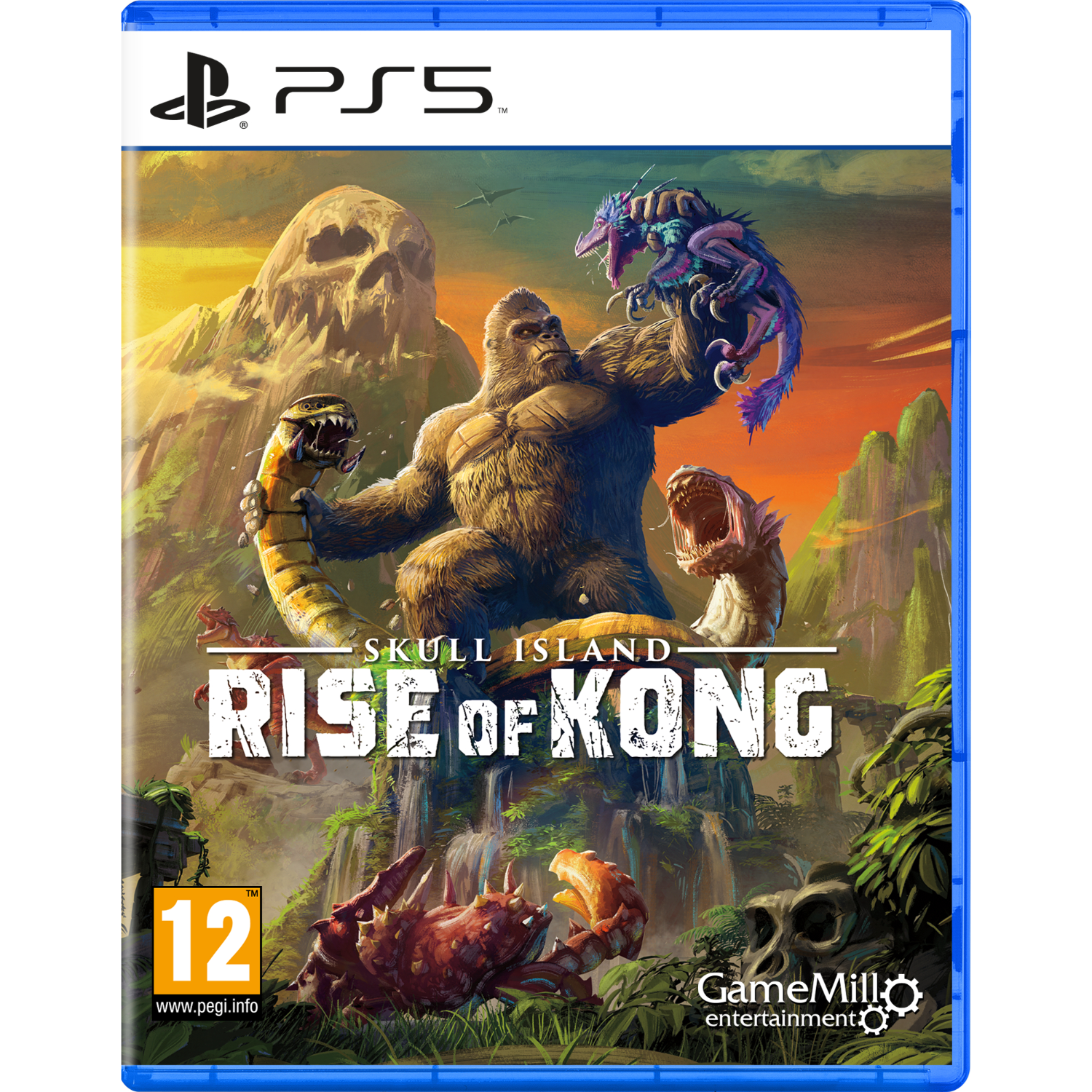 Portada del juego: Kong lucha contra criaturas en Skull Island. Incluye una serpiente, un dinosaurio y un cangrejo. Logo PS5 arriba.