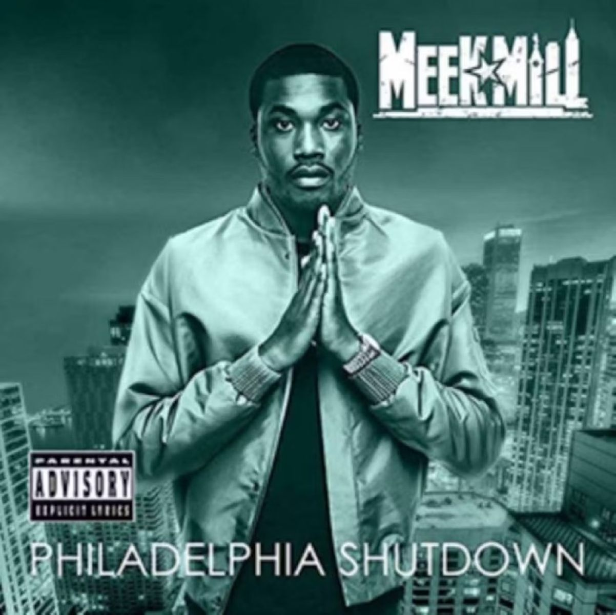 Meek Mill albumhoes. Hij draagt een groene jas, handen gevouwen in gebed. Achtergrond met skyline. Titel: Philadelphia Shutdown.