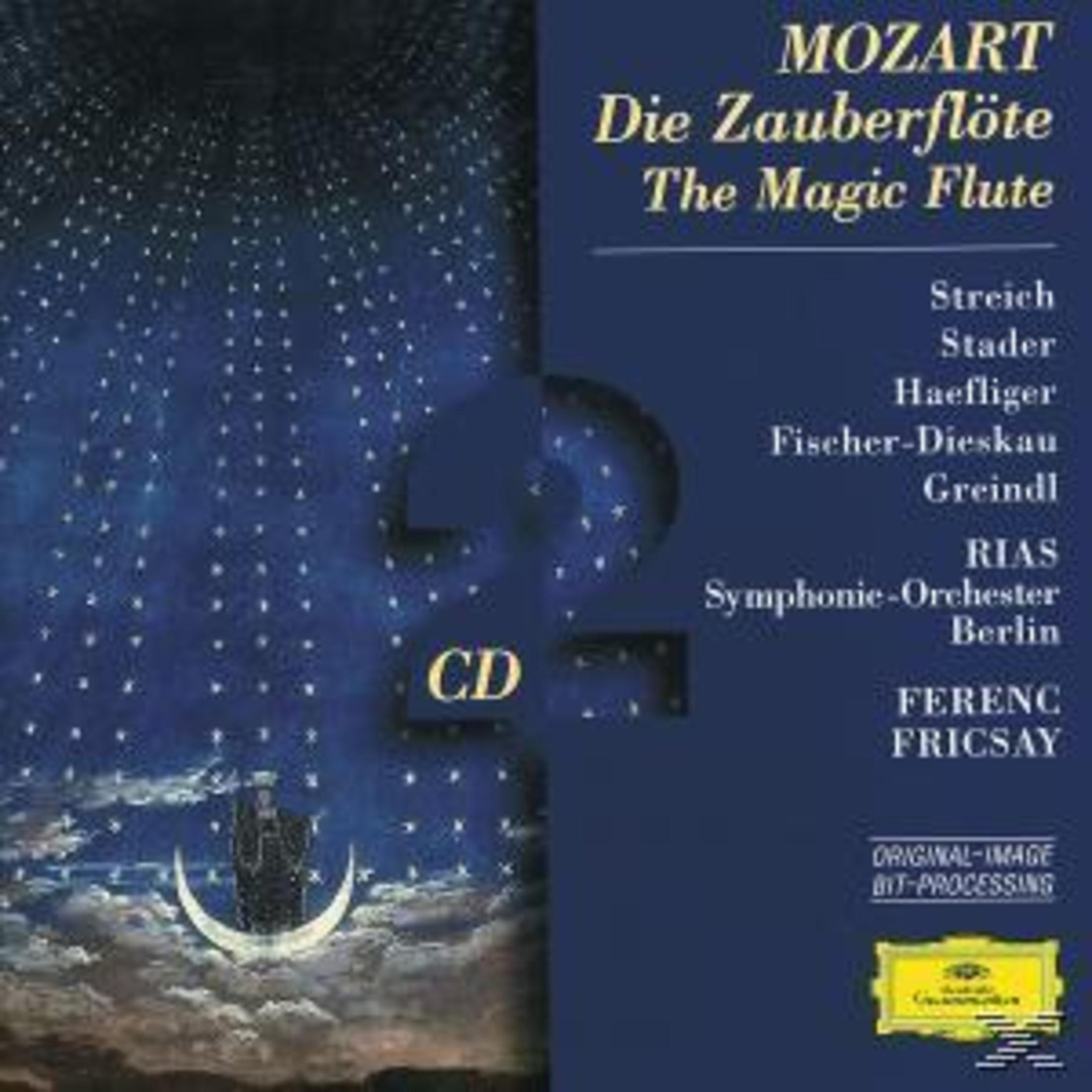 CD-Cover für Mozarts Die Zauberflöte. Mit Sternenhimmel, Halbmond und Titel auf Deutsch und Englisch.