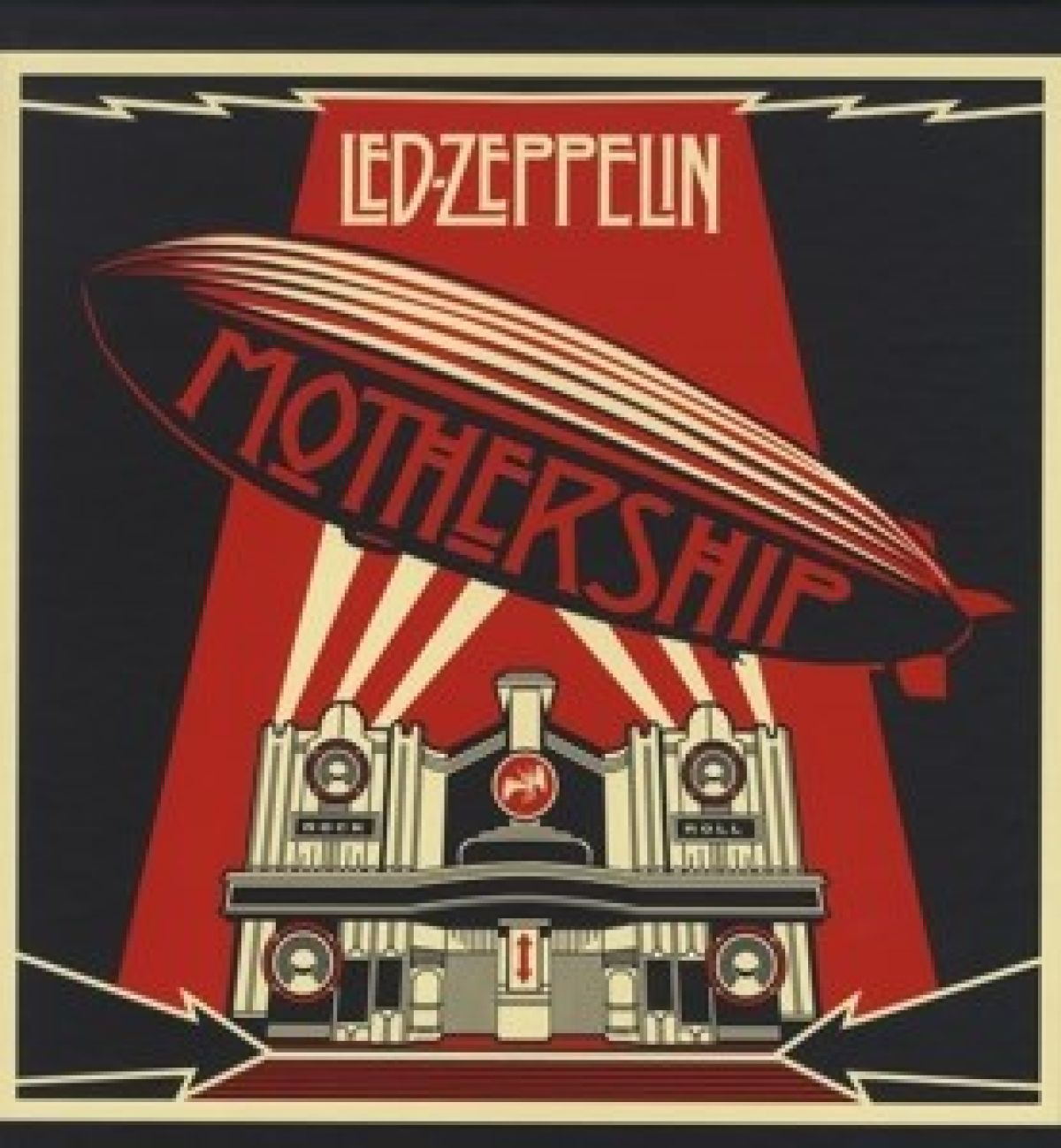 Copertina dell'album 'Mothership' dei Led Zeppelin con un dirigibile sopra un edificio, con il nome della band in alto.