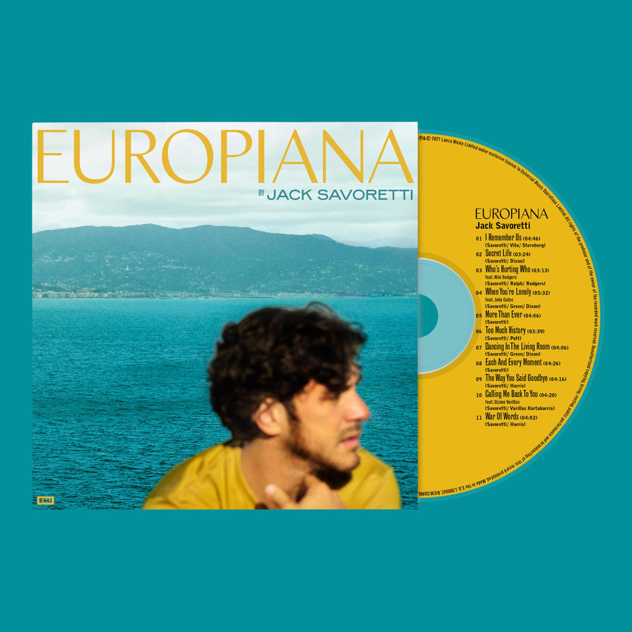 Albumcover für Europiana von Jack Savoretti. Enthält ein Foto von Savoretti und eine CD mit Titelliste.
