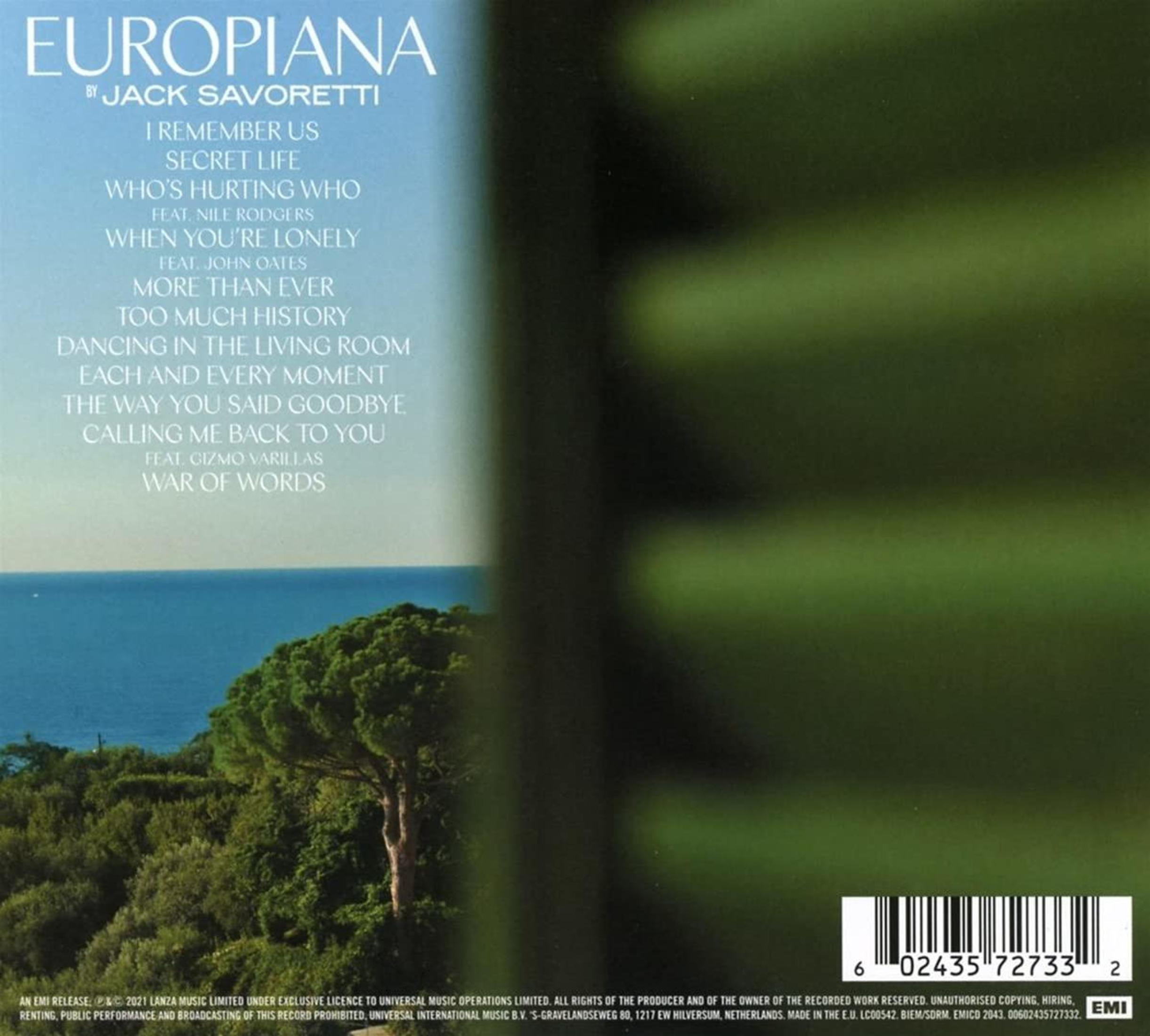 Albumcover mit dem Titel 'EUROPIANA' von Jack Savoretti, Titelliste, Meerblick und grünem Laub.