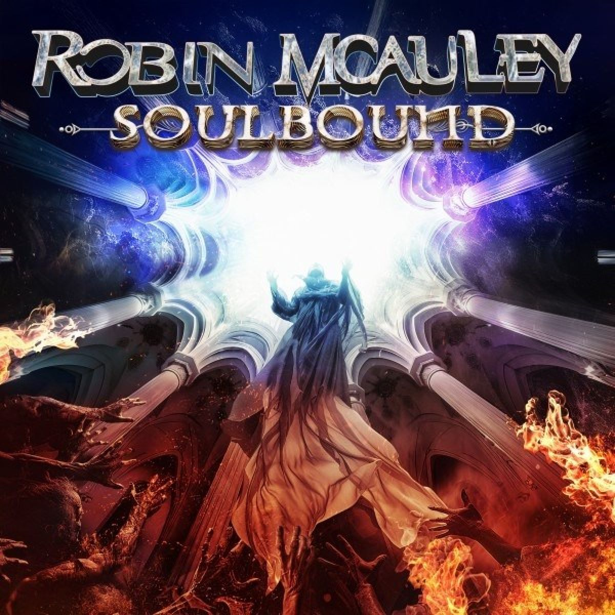 Copertina dell'album: Robin McAuley, Soulbound. Una figura in abiti scuri davanti a una luce intensa, demoni sotto, fiamme in basso.