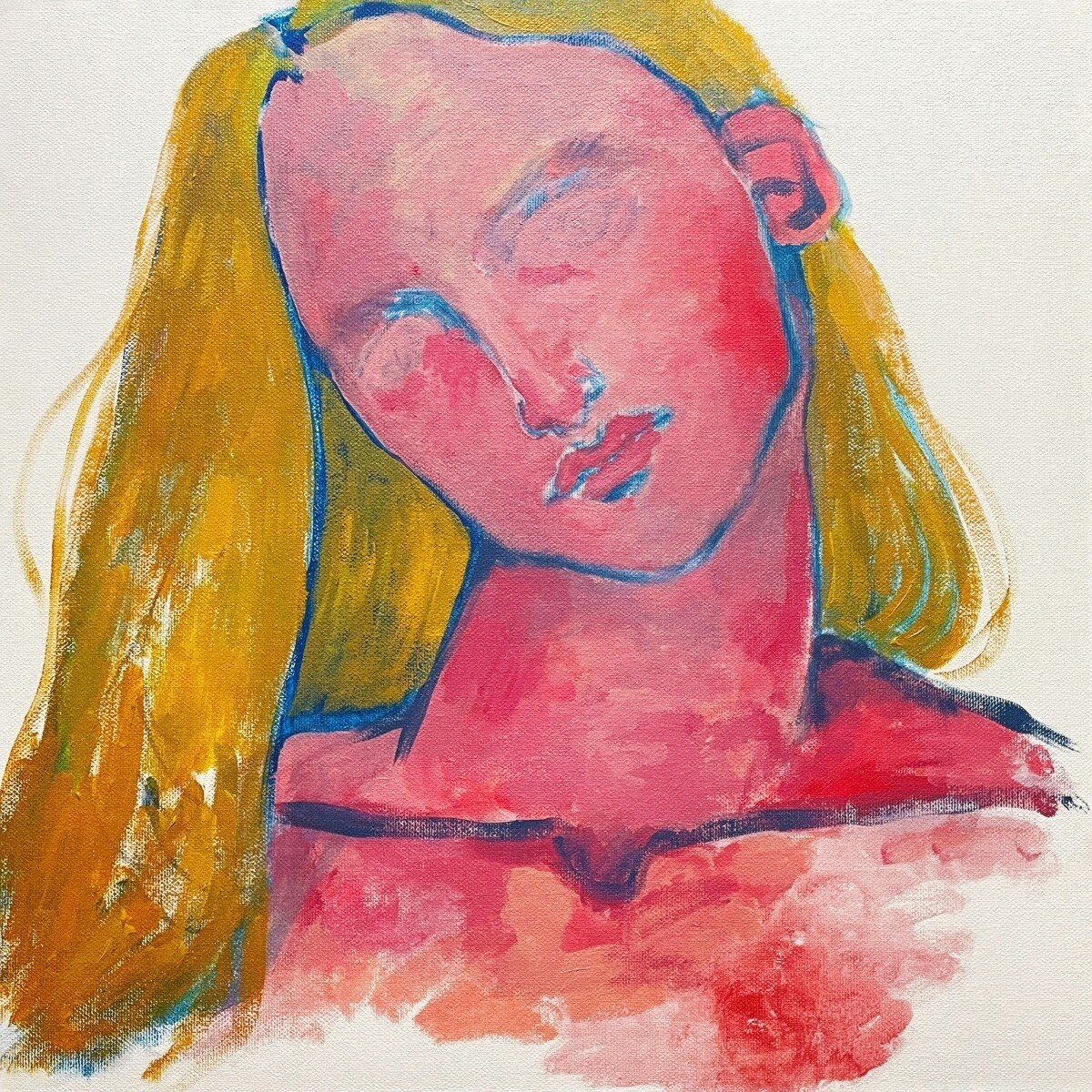 Un dipinto del viso e della spalla di una donna. Pelle rosa, occhi chiusi e capelli biondi. Lo sfondo è bianco.