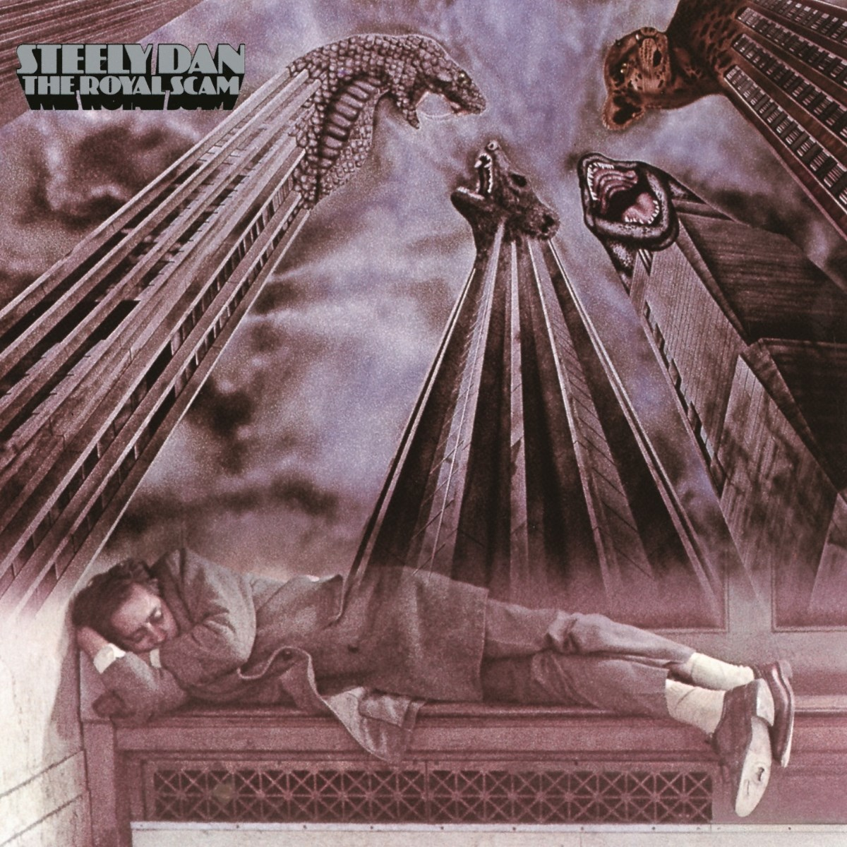 Un uomo dorme su una sporgenza. Grattacieli sullo sfondo, sormontati da teste di animali. Copertina dell'album 'The Royal Scam'.
