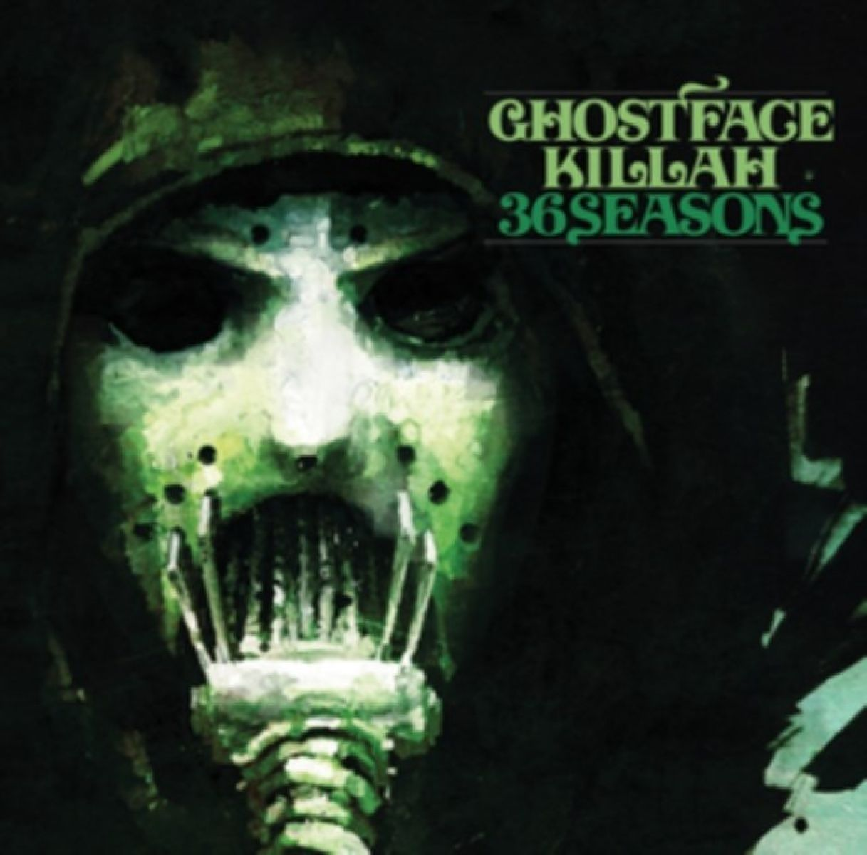 Copertina dell'album. Una maschera verde con un paradenti metallico. Il testo dice 'Ghostface Killah' e '36 Seasons' in verde.