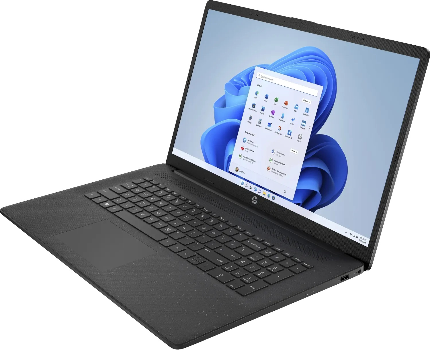 Ein schwarzer HP-Laptop zeigt den Windows 11-Startbildschirm. Die Tastatur ist sichtbar. Der Bildschirm zeigt Apps und eine Suchleiste.