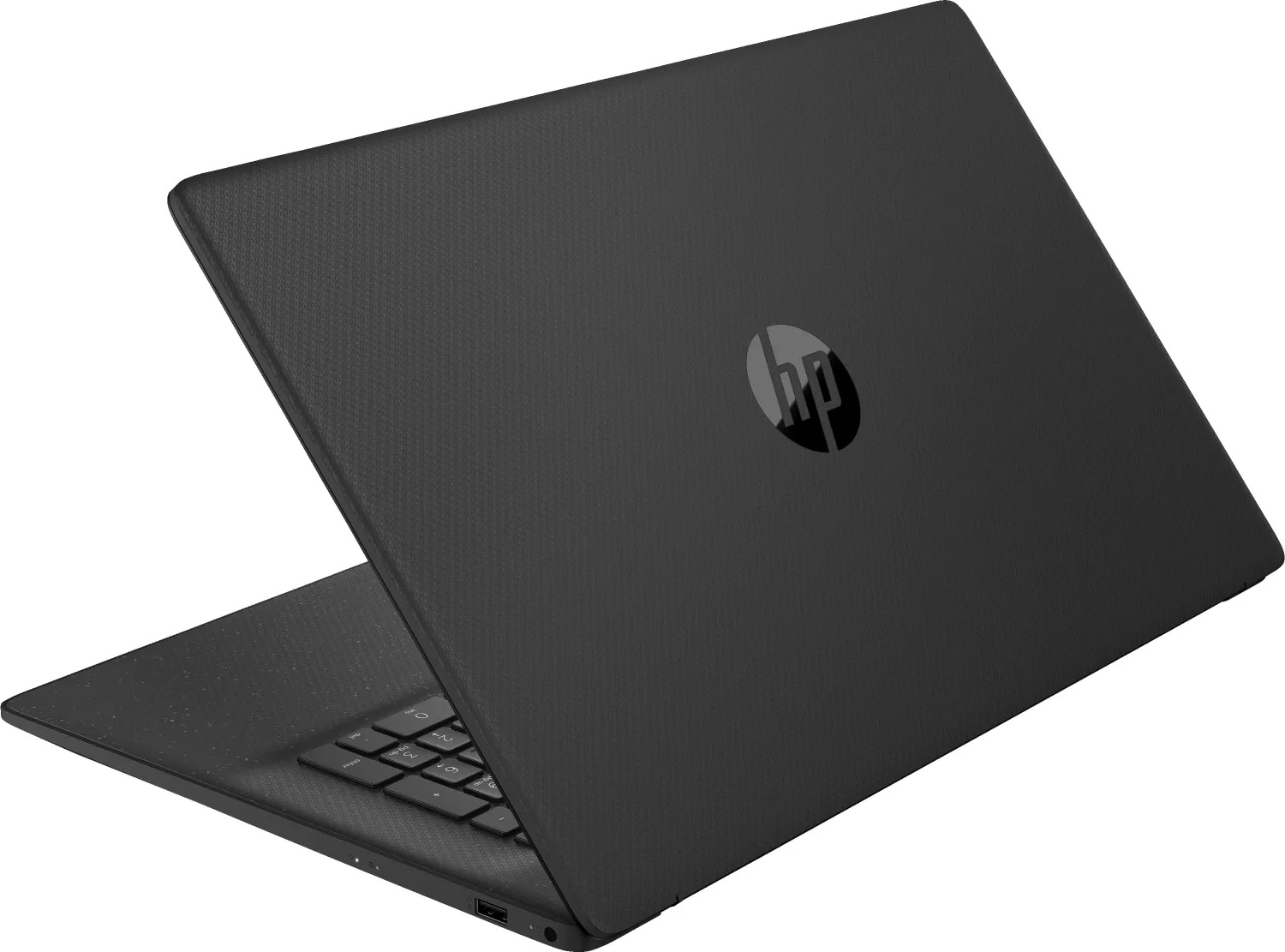 Schwarzer HP-Laptop, in einem Winkel geöffnet. Der Deckel hat ein HP-Logo. Die Tastatur ist mit den Zifferntasten sichtbar.