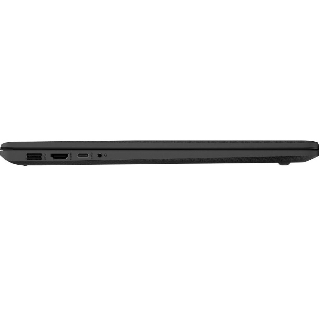 Seitenansicht eines schwarzen Laptops. Sichtbare Anschlüsse sind USB, HDMI und Audio. Der Rand des Laptops ist sichtbar.