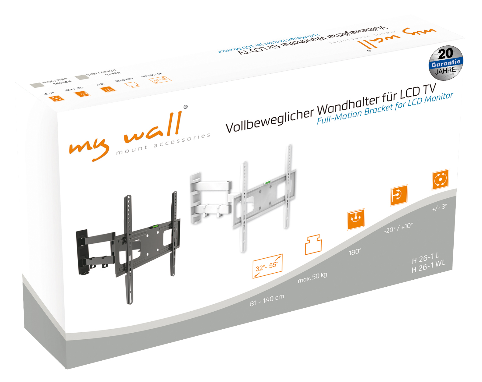 Karton mit TV-Wandhalterung. Er verfügt über eine voll bewegliche Halterung für LCD-Monitore, der Produktname ist my wall mount accessories.