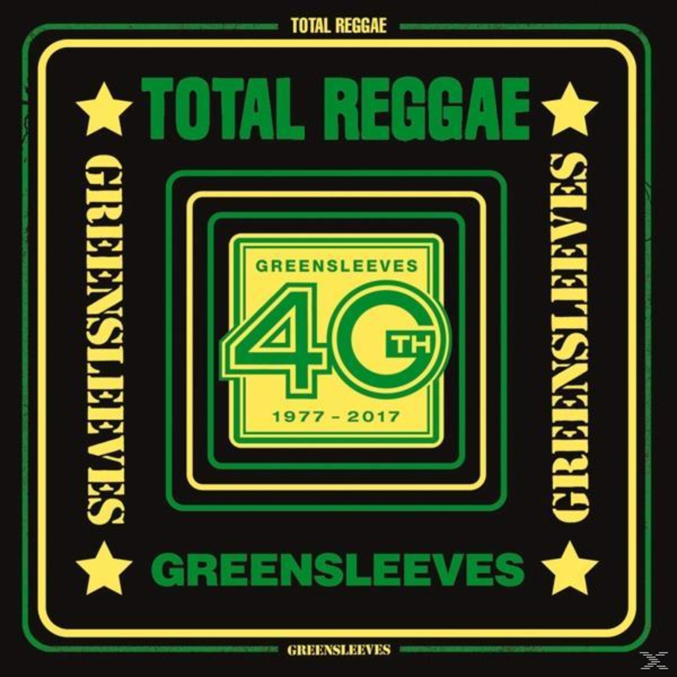 Albumhoes van Total Reggae. Zwarte achtergrond met groene en gele tekst. Bevat 'Greensleeves' en 40-jarig jubileum.
