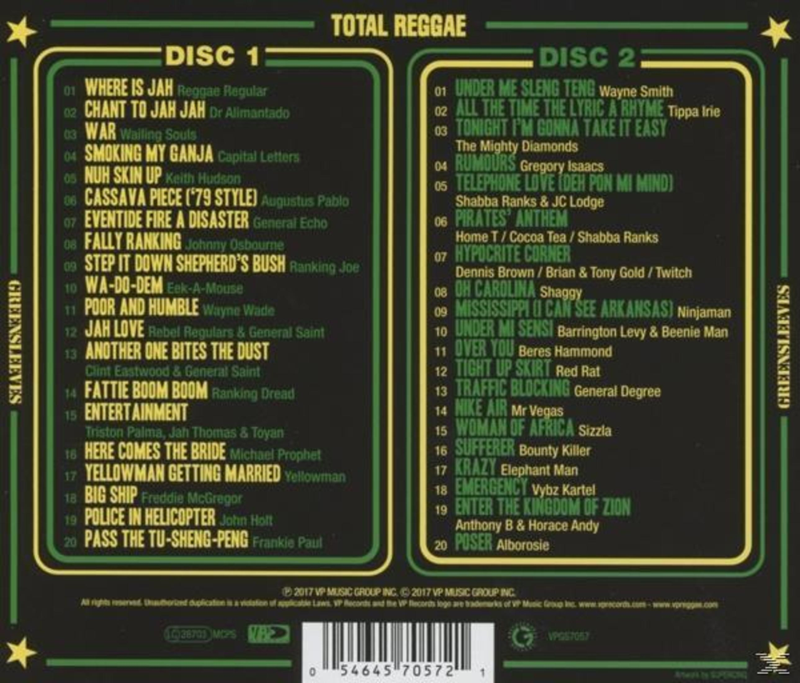 Albumhoes met tracklijsten. Groene en gele tekst op een zwarte achtergrond, met een reggae thema.