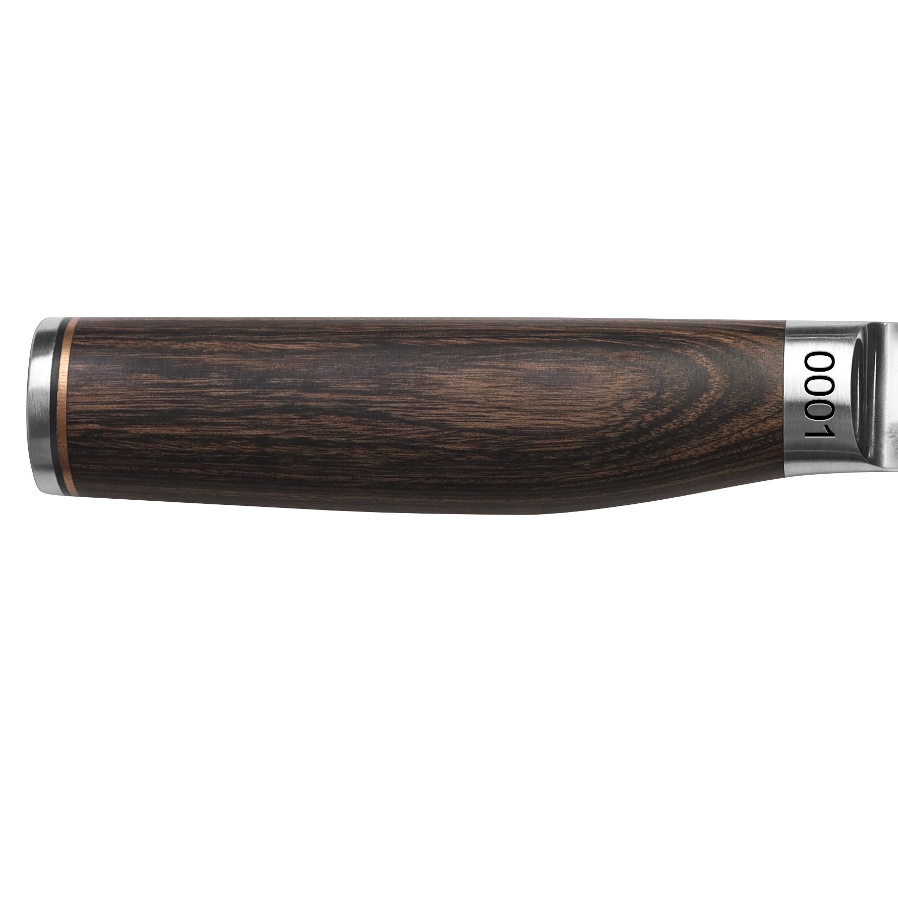 Nahaufnahme eines Messergriffs. Dunkler Holzgriff mit Metallkappe und Bronzering. Die Nummer 0001 ist sichtbar.