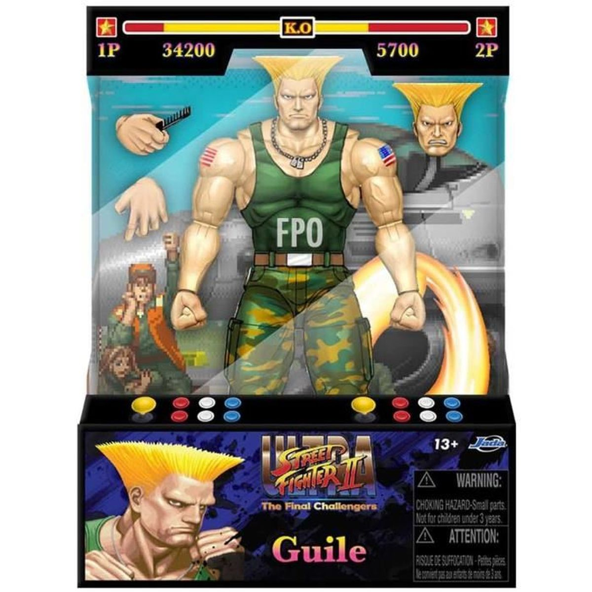 Eine Street Fighter II Guile-Actionfigur in einer Box. Sie zeigt Guile, einen muskulösen Mann mit blonden Haaren und militärgrüner Kleidung.