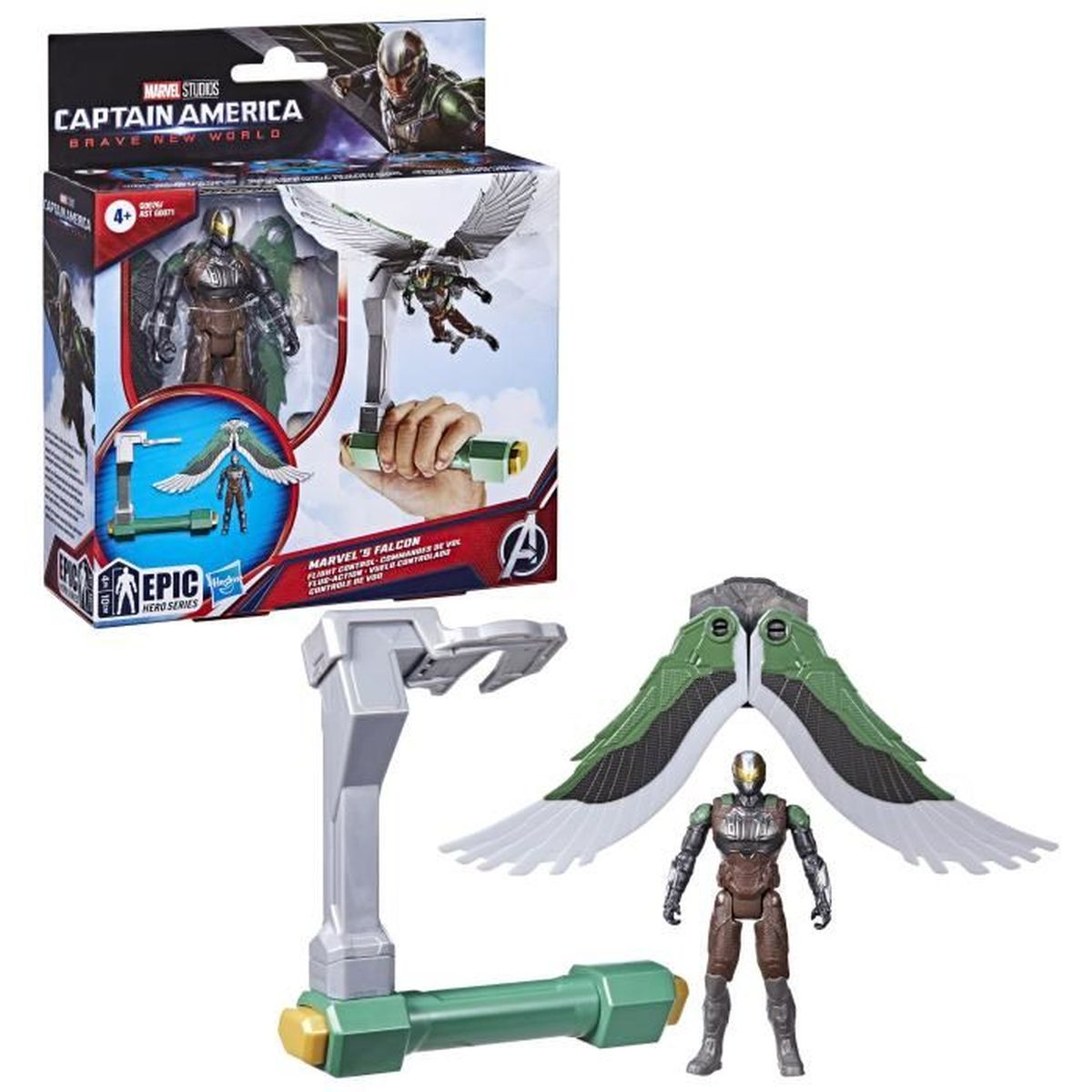 Ein Captain America Spielzeugset mit dem Falken, Flügeln, einem Ständer und Box-Art. Die Box zeigt das Spielzeug in Aktion, eine Spielfigur.