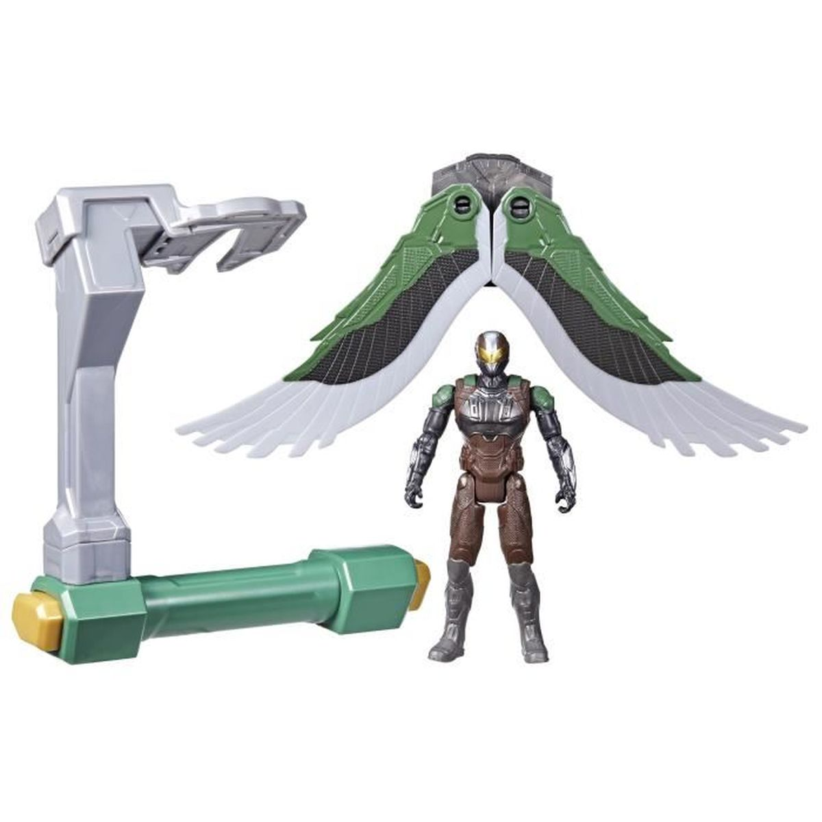 Eine Vulture-Actionfigur mit grün-weißen Flügeln steht neben einem silbernen Ständer und einem grünen Werkzeug mit gelben Enden.