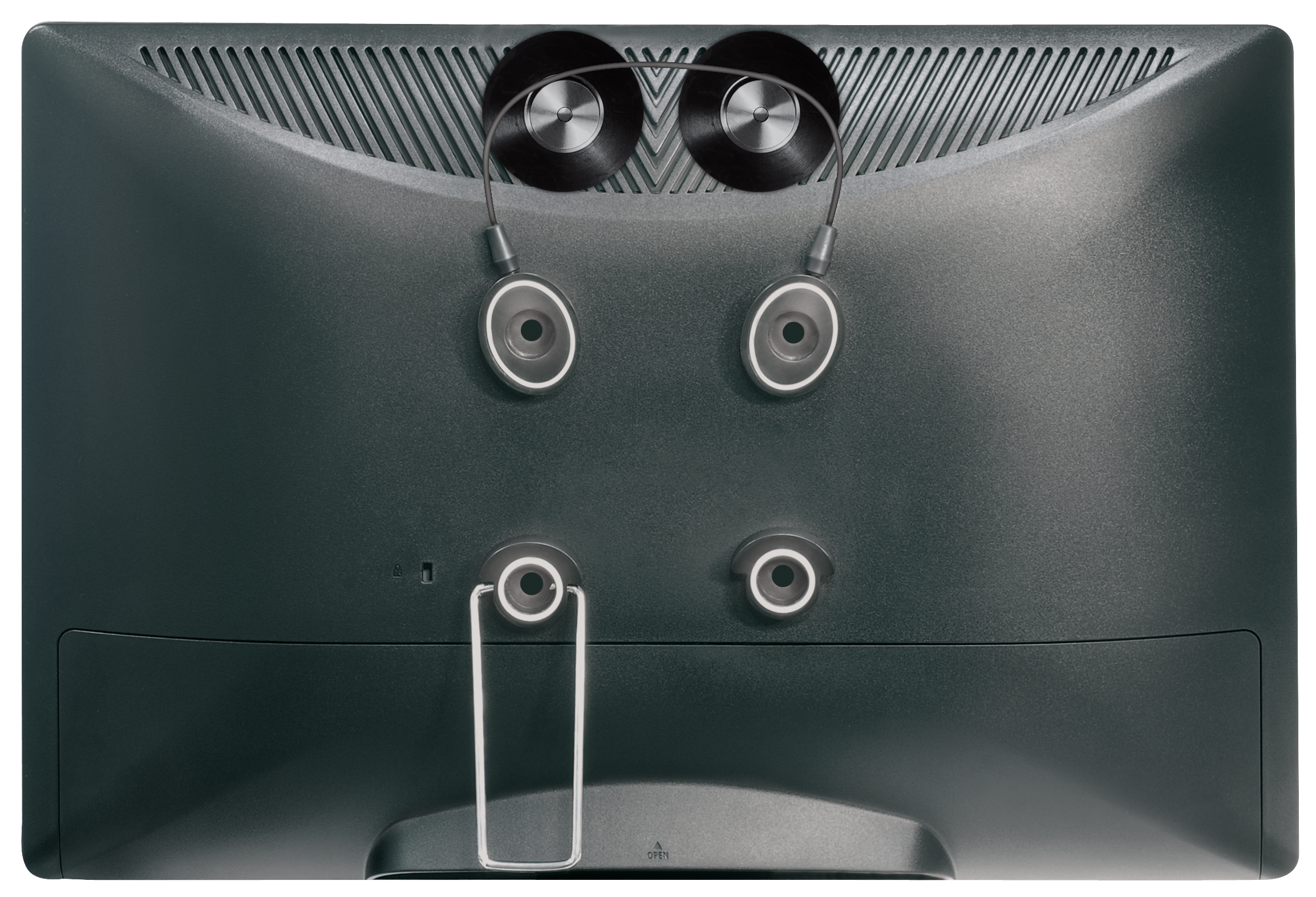Rückseite eines dunkelgrauen Computermonitors. Er hat mehrere Anschlüsse und eine Halterung. Kopfhörer sind oben angeschlossen.