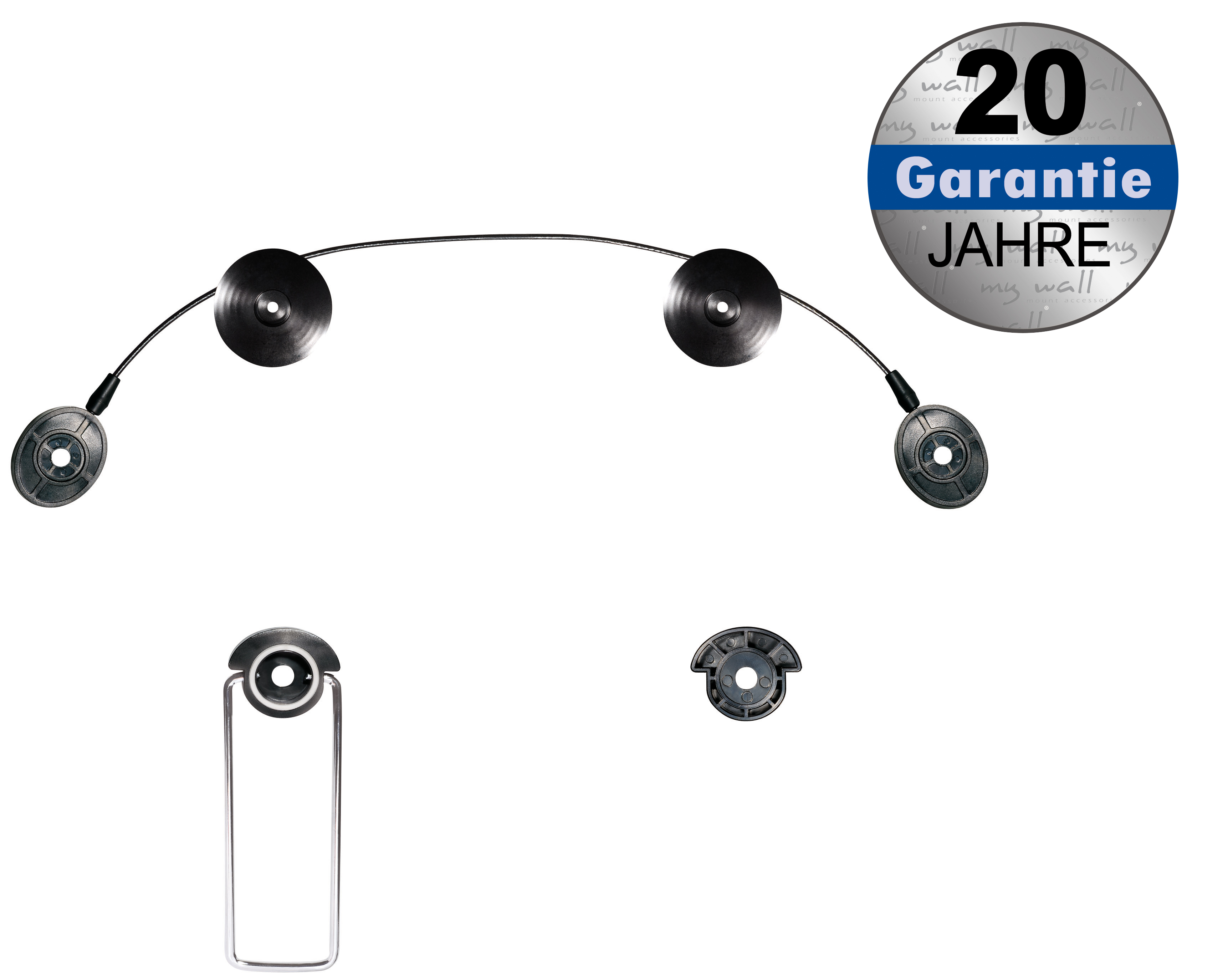 Das Bild zeigt ein Produkt mit Montageteilen und einem Garantie-Badge. Das Badge sagt '20 Jahre Garantie'.
