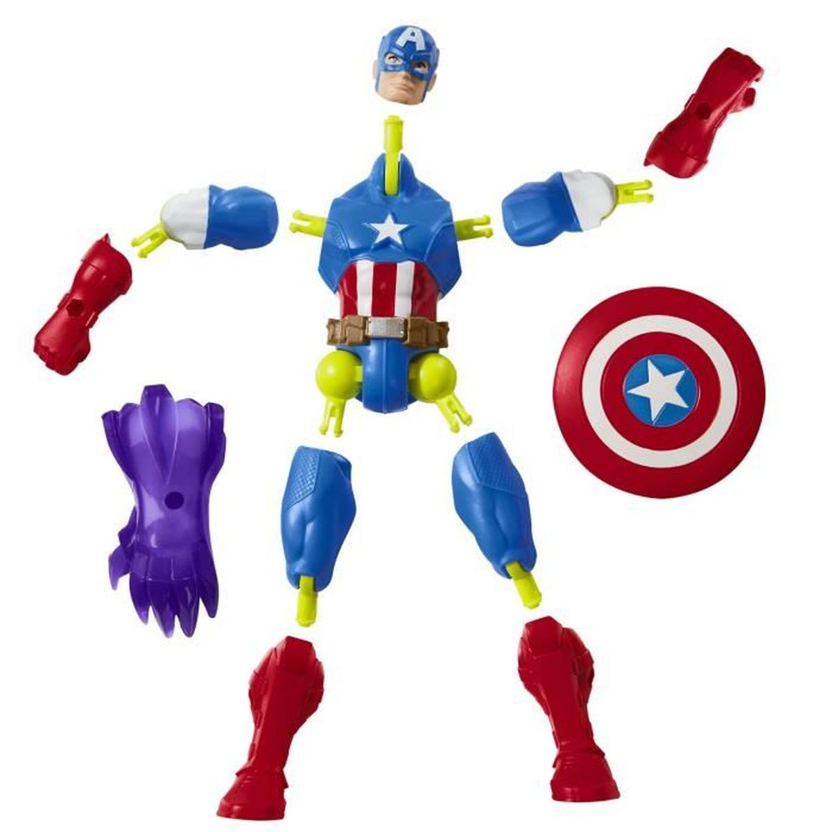 Zerlegtes Captain America-Spielzeug. Blaue, rote und weiße Teile, mit einem Schild und einem lila Handschuh auf weißem Hintergrund.