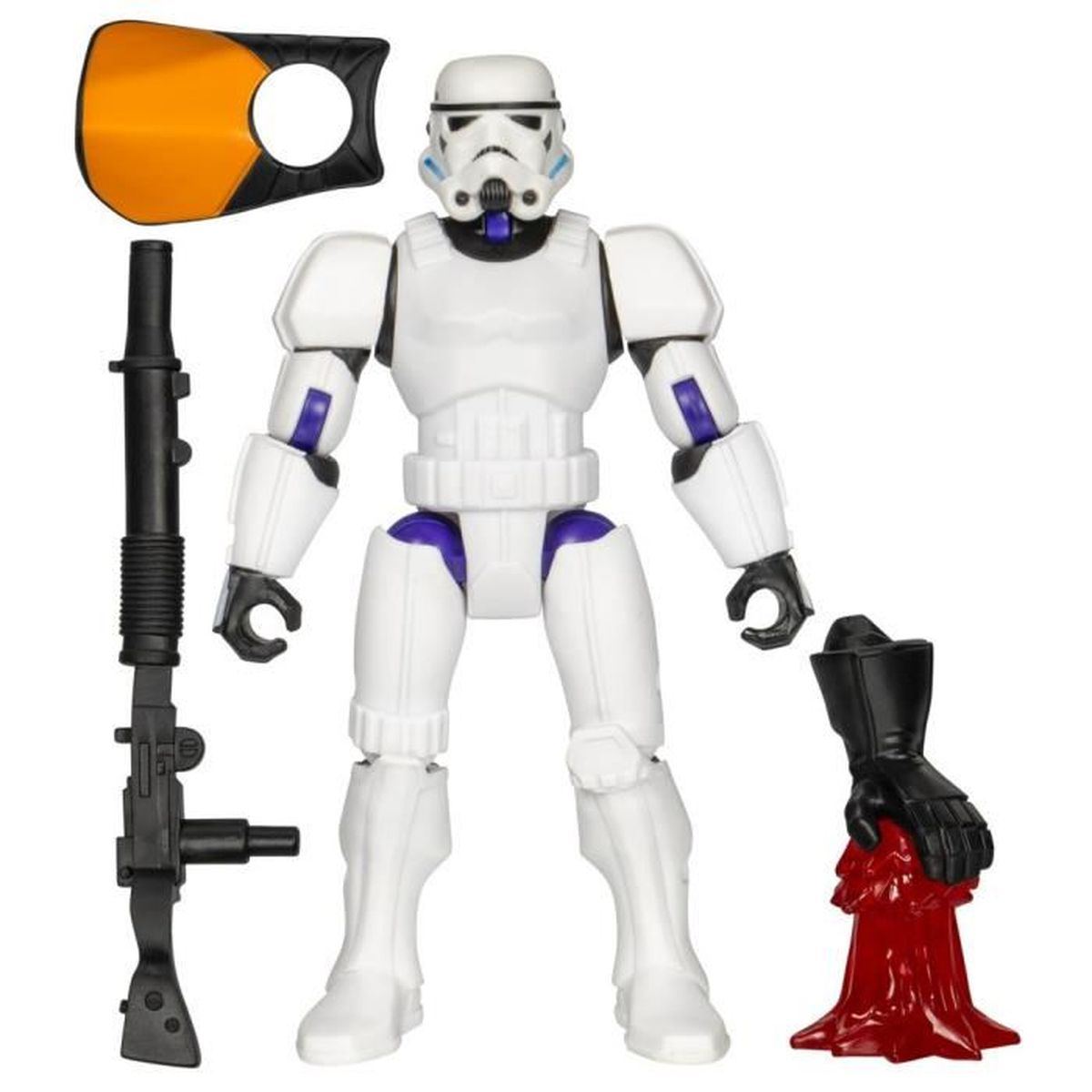 Figura de acción de Stormtrooper con armadura blanca, accesorios negros y rifle negro. Accesorios: escudo naranja, guante negro con tela roja.